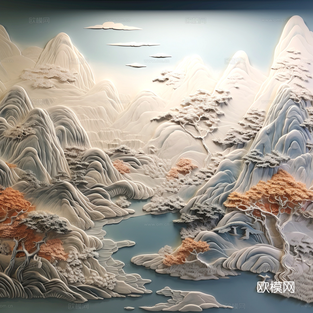 新中式壁纸壁画壁布墙纸墙布云海山水字画花鸟仙鹤荷花花鸟建筑背