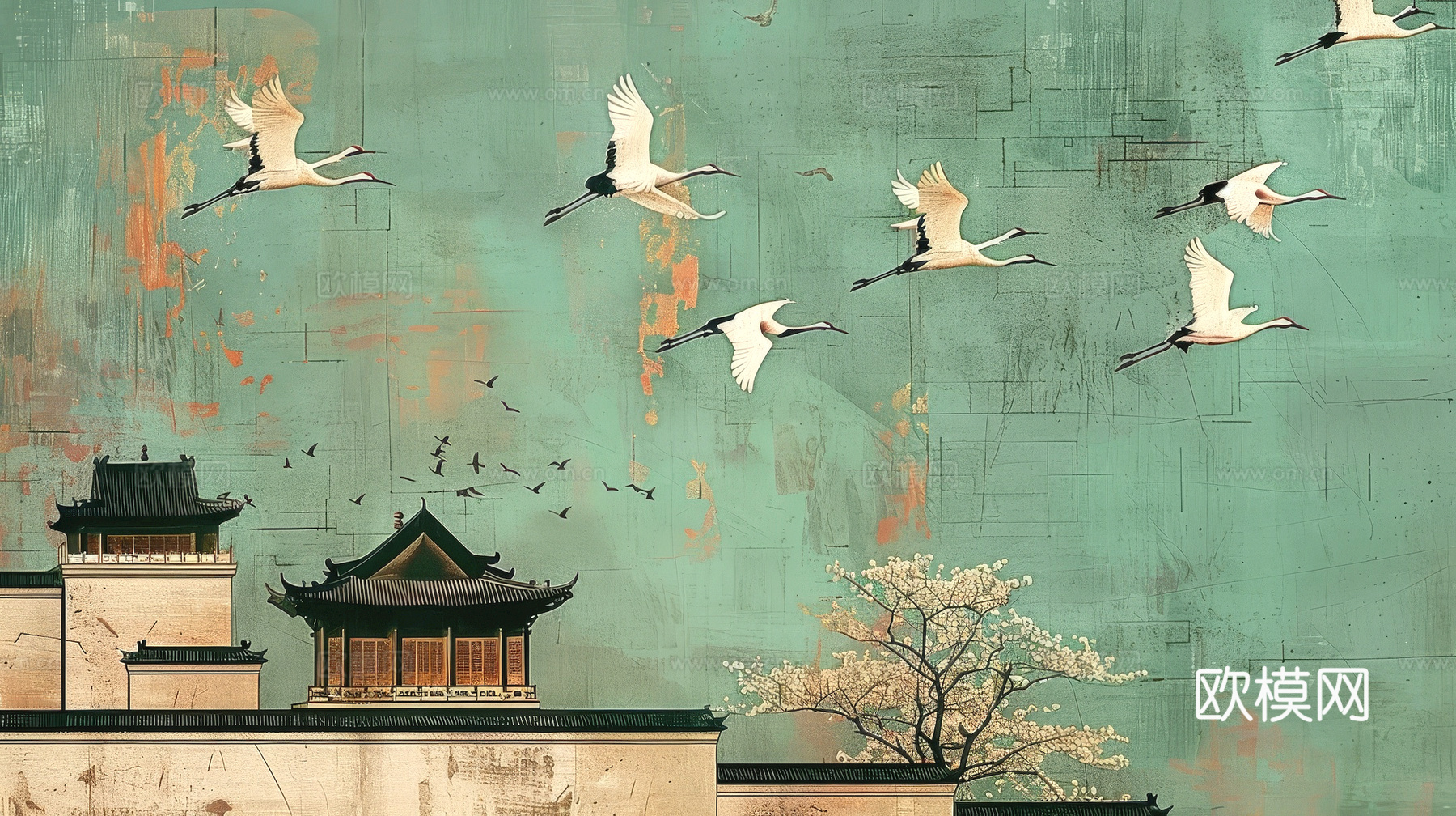 新中式壁纸壁画壁布墙纸墙布云海山水字画花鸟仙鹤荷花花鸟建筑背下载