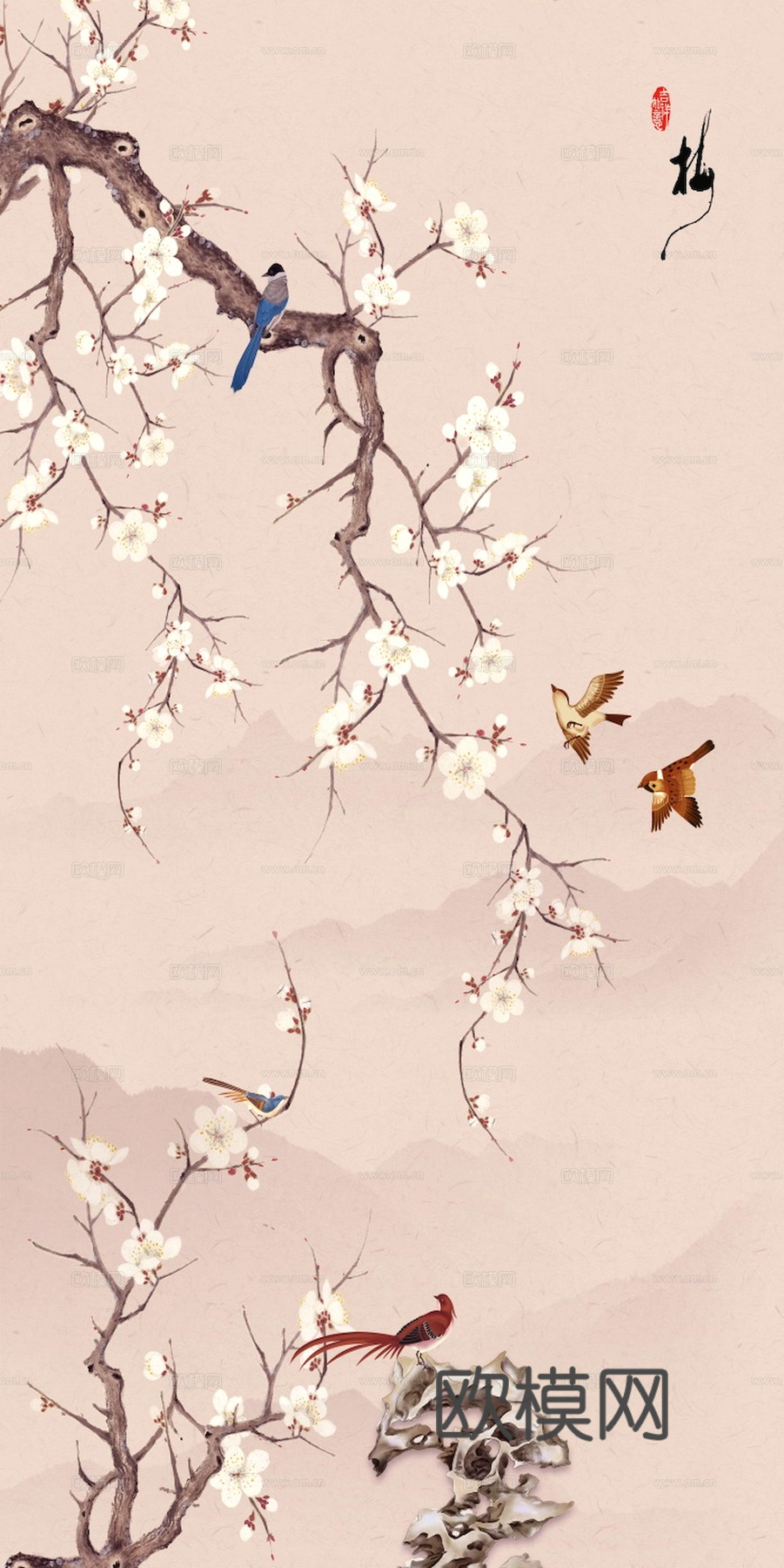 新中式壁纸壁画壁布墙纸墙布云海山水字画花鸟仙鹤荷花花鸟建筑背下载