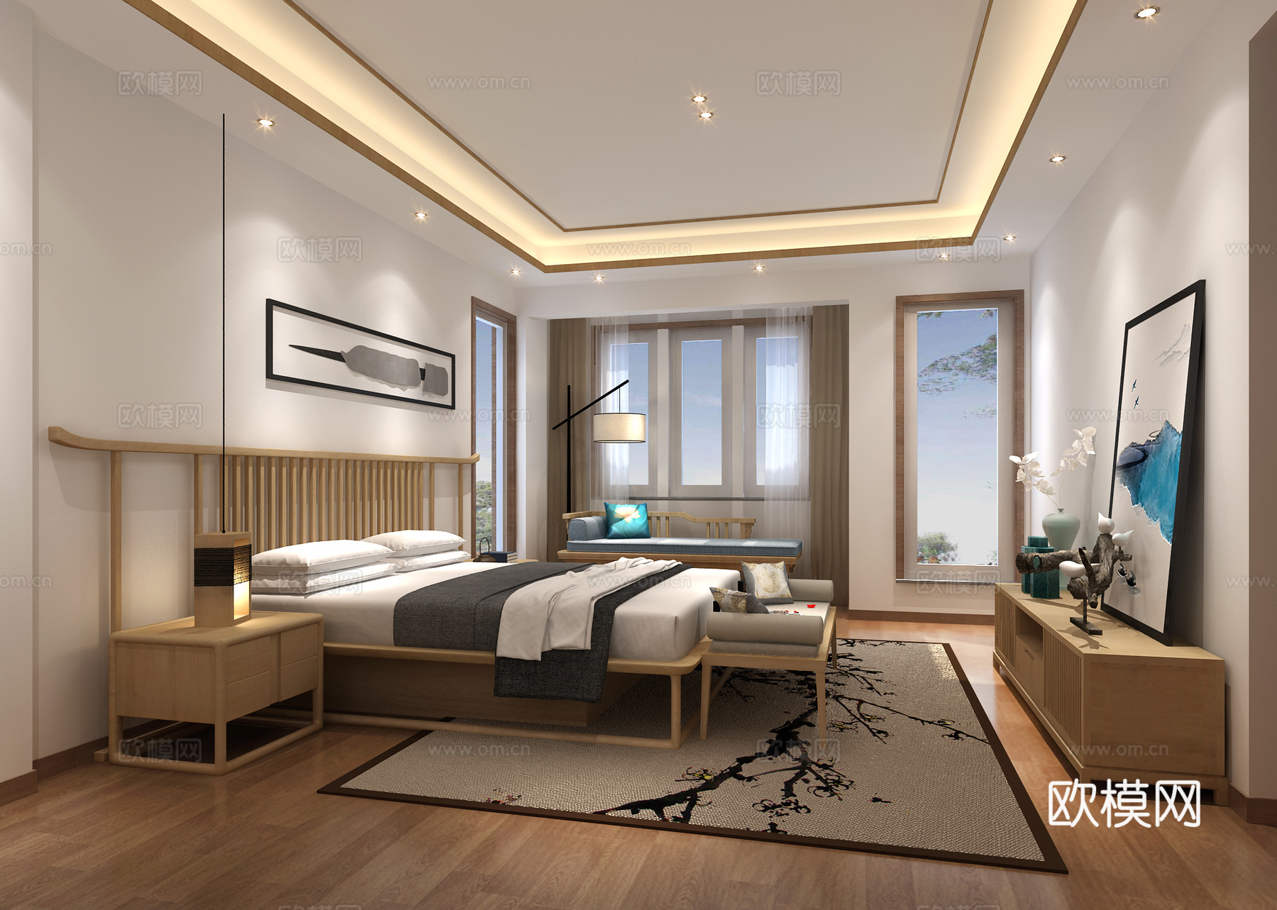 禅意中式卧室 落地灯 贵妃椅 双人床 床尾凳 装饰柜 挂画3d模型下载（渲染图1）