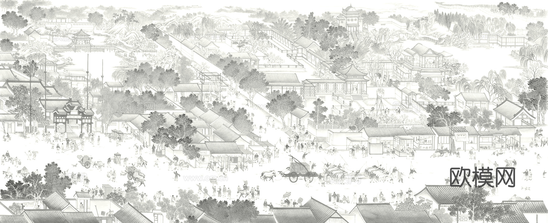 新中式壁纸壁画壁布墙纸墙布云海山水字画花鸟仙鹤荷花花鸟建筑背下载