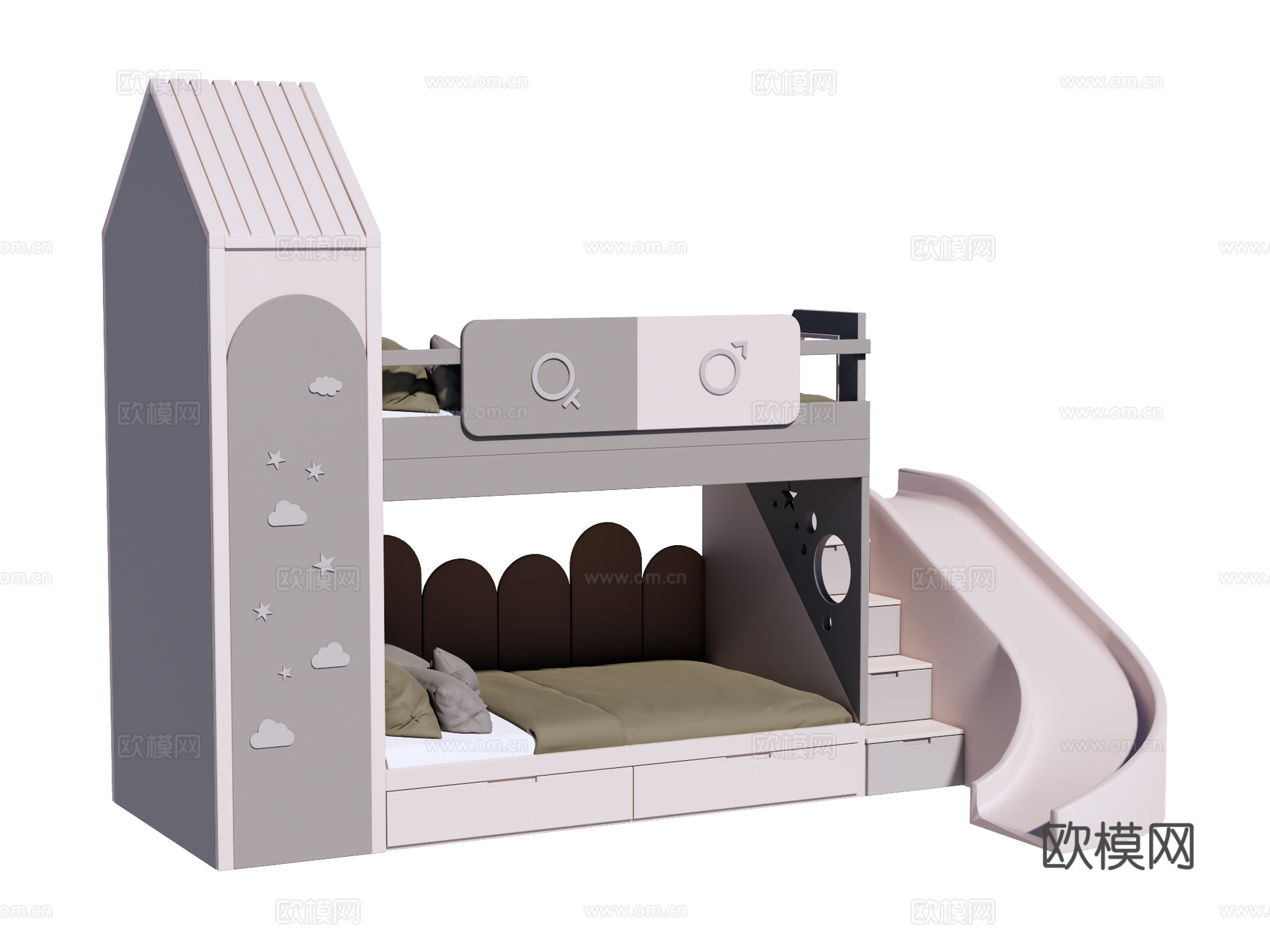 儿童床 上下床 滑梯床su模型