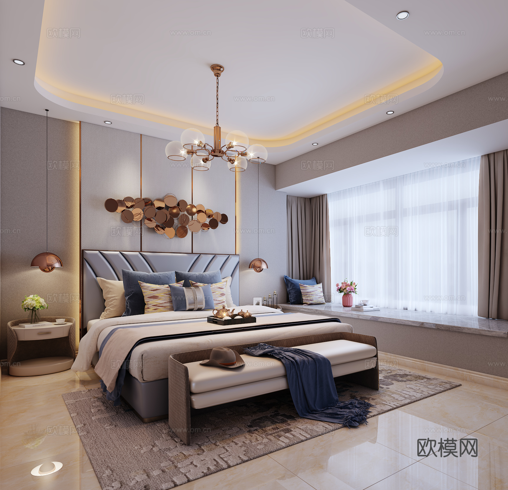 现代卧室 双人床 吊灯 床尾凳 台灯 装饰物3d模型下载（渲染图4）