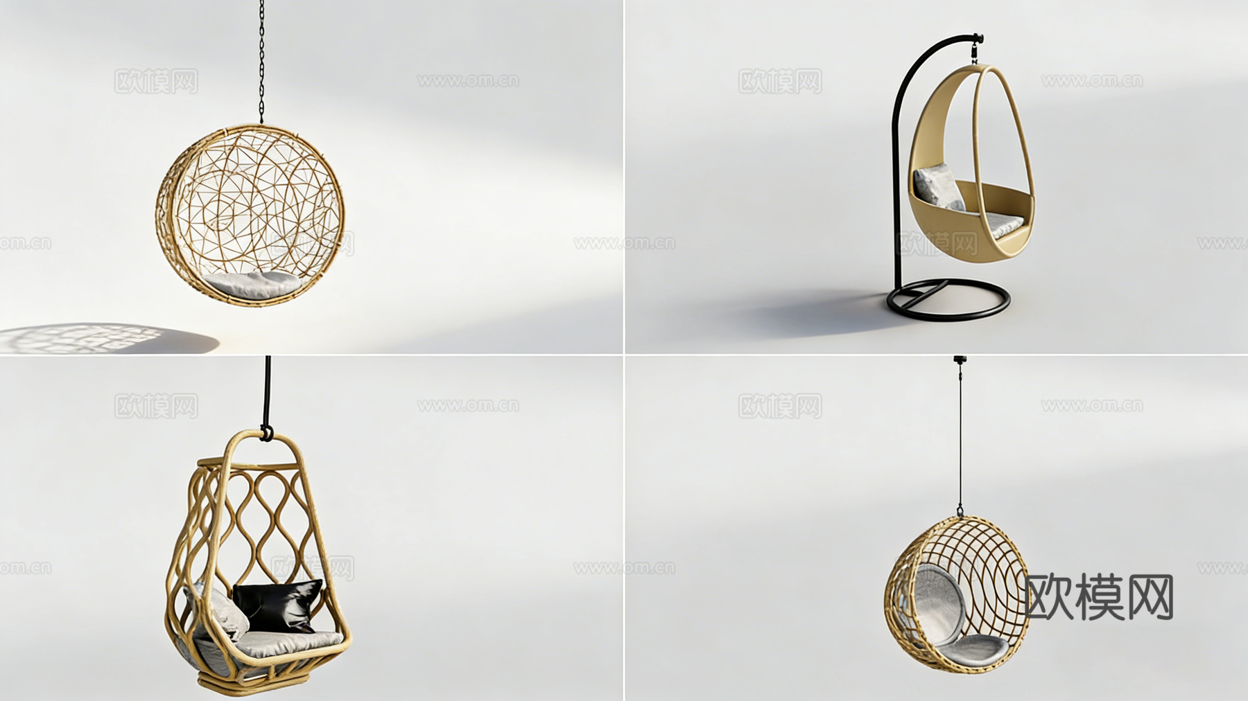 现代悬挂座椅4款 藤编吊篮 吊球椅 蛋形休闲椅 阳台民宿咖啡su模型