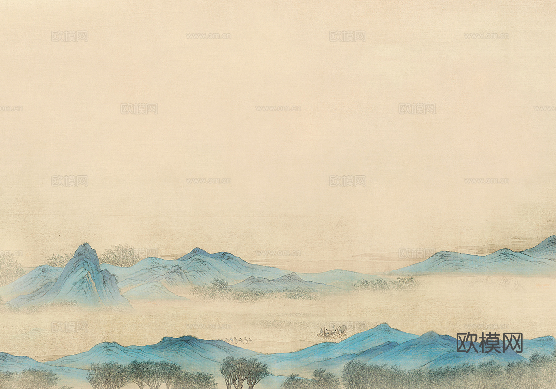 新中式壁纸壁画壁布墙纸墙布云海山水字画花鸟仙鹤荷花花鸟建筑背下载