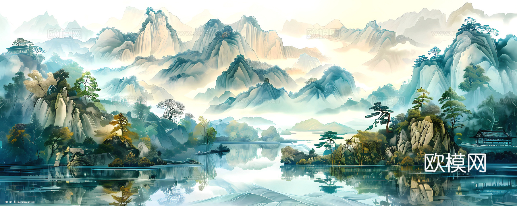 新中式壁纸壁画壁布墙纸墙布云海山水字画花鸟仙鹤荷花花鸟建筑背下载