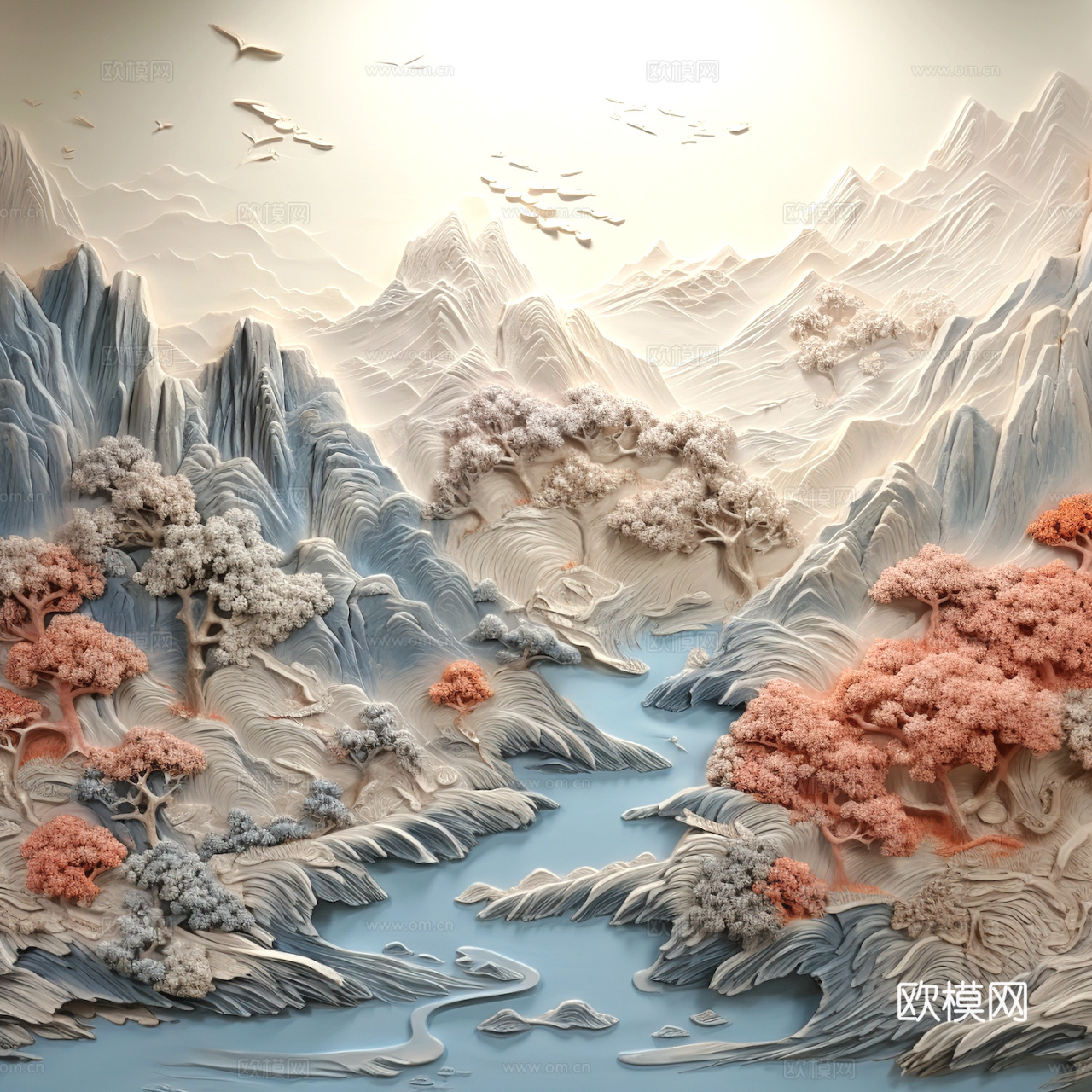 新中式壁纸壁画壁布墙纸墙布云海山水字画花鸟仙鹤荷花花鸟建筑背