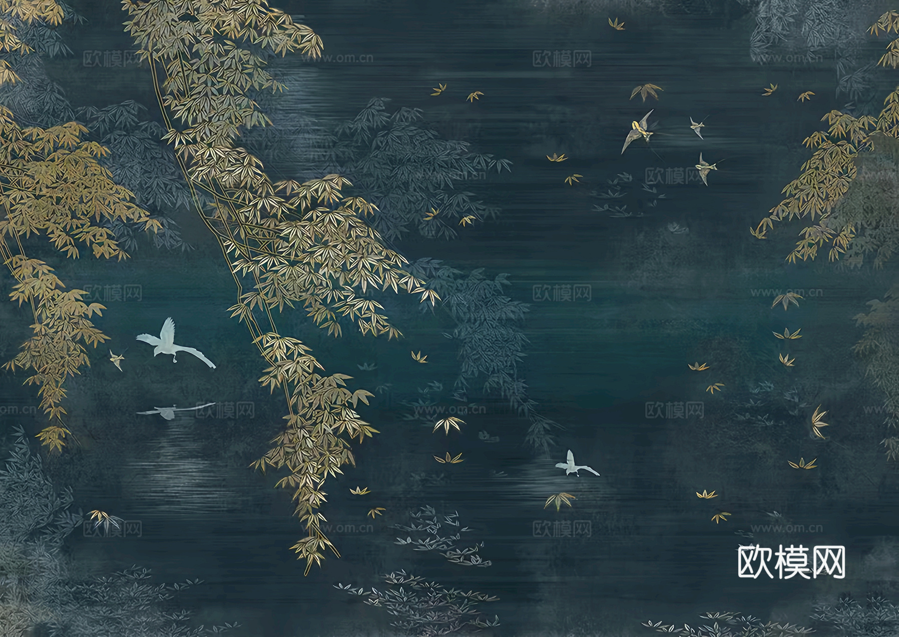 新中式壁纸壁画壁布墙纸墙布云海山水字画花鸟仙鹤荷花花鸟建筑背下载