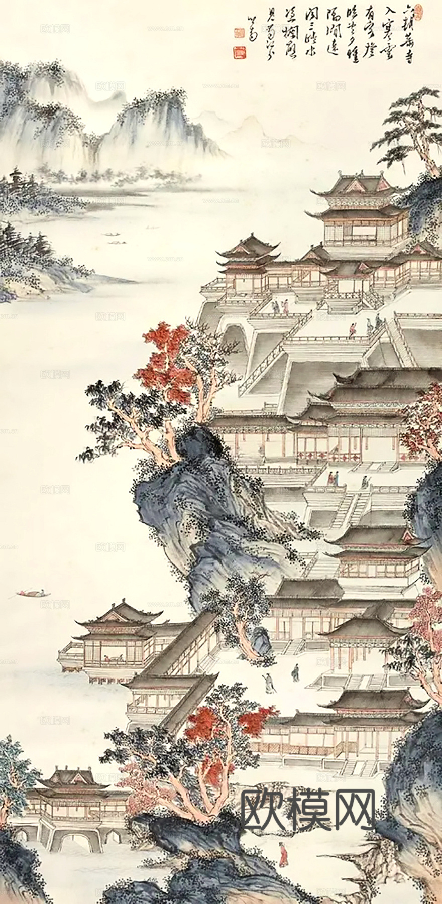 新中式壁纸壁画壁布墙纸墙布云海山水字画花鸟仙鹤荷花花鸟建筑背下载