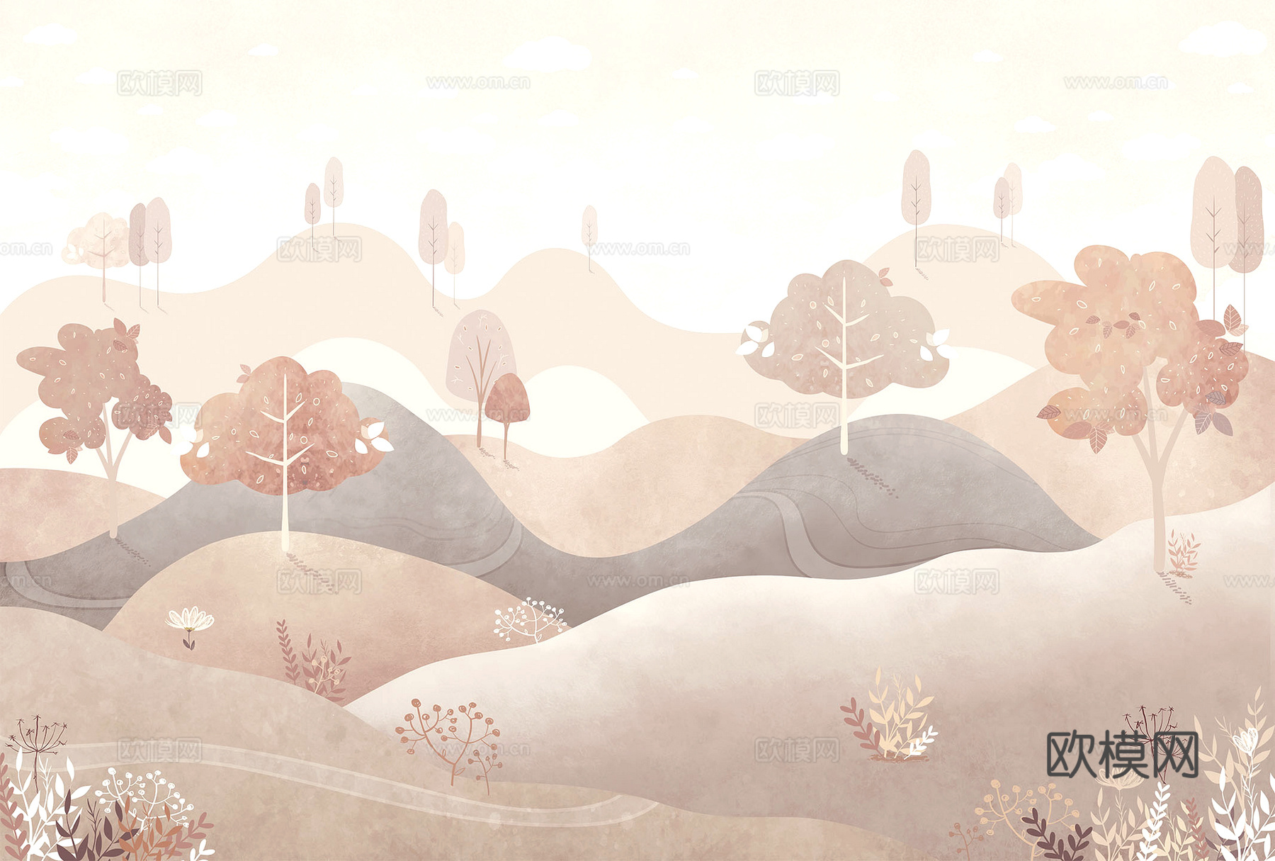 新中式壁纸壁画壁布墙纸墙布云海山水字画花鸟仙鹤荷花花鸟建筑背下载