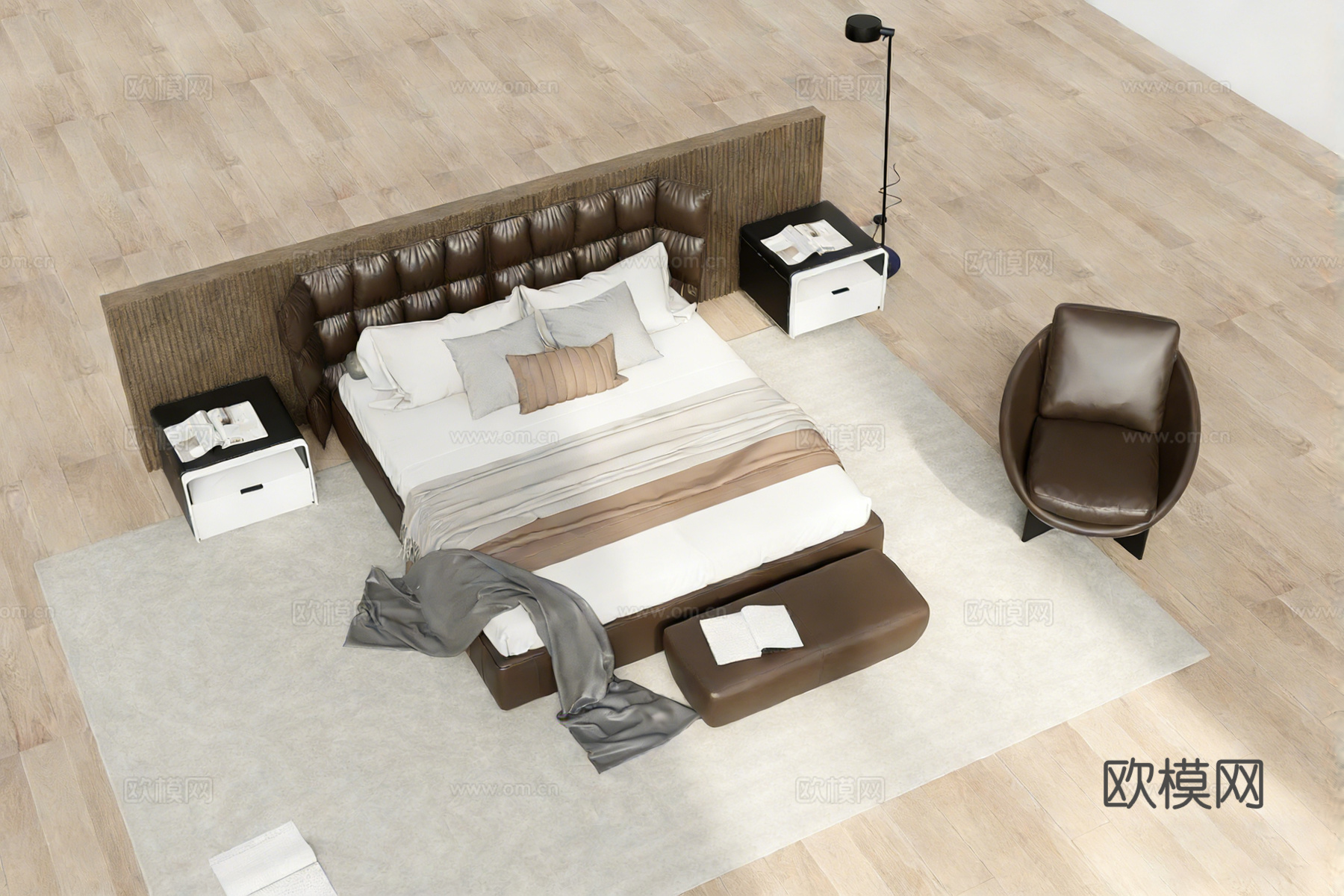 现代简约卧室 褶皱床头皮质床 配套皮椅皮凳 皮质单人椅su模型