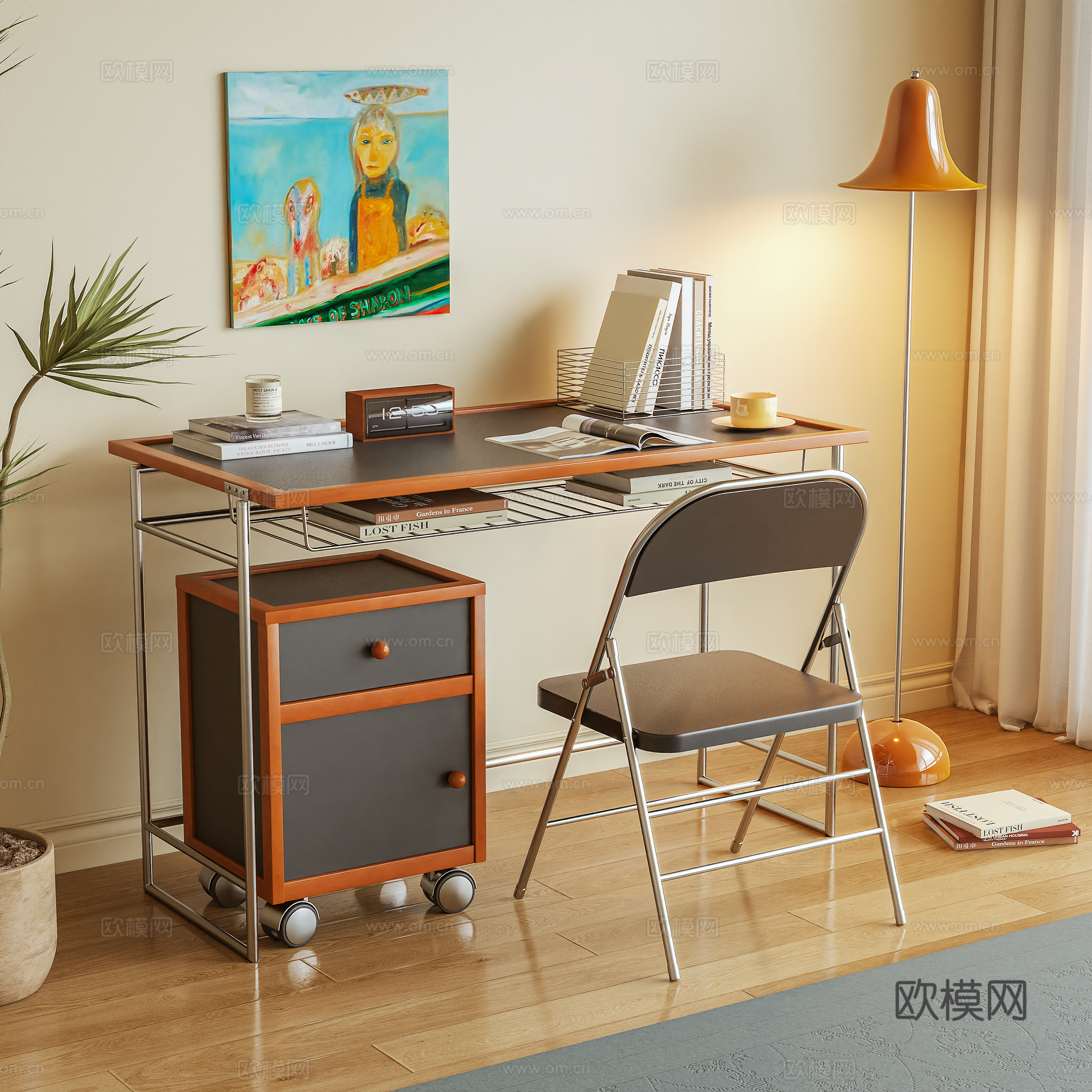 书桌 电脑桌 摆件 书籍 电脑椅3d模型