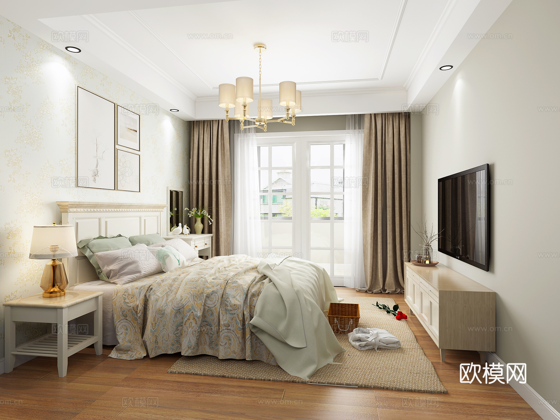 美式田园卧室 吊灯 台灯 双人床 挂画 装饰柜 摆件3d模型下载（渲染图2）