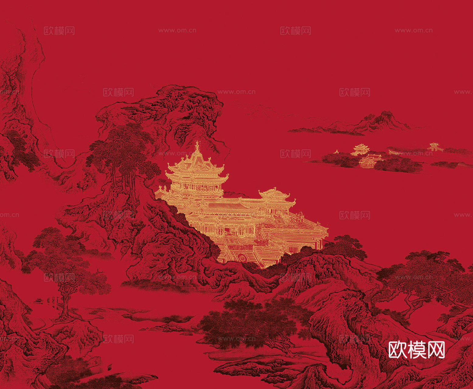 新中式壁纸壁画壁布墙纸墙布云海山水字画花鸟仙鹤荷花花鸟建筑背