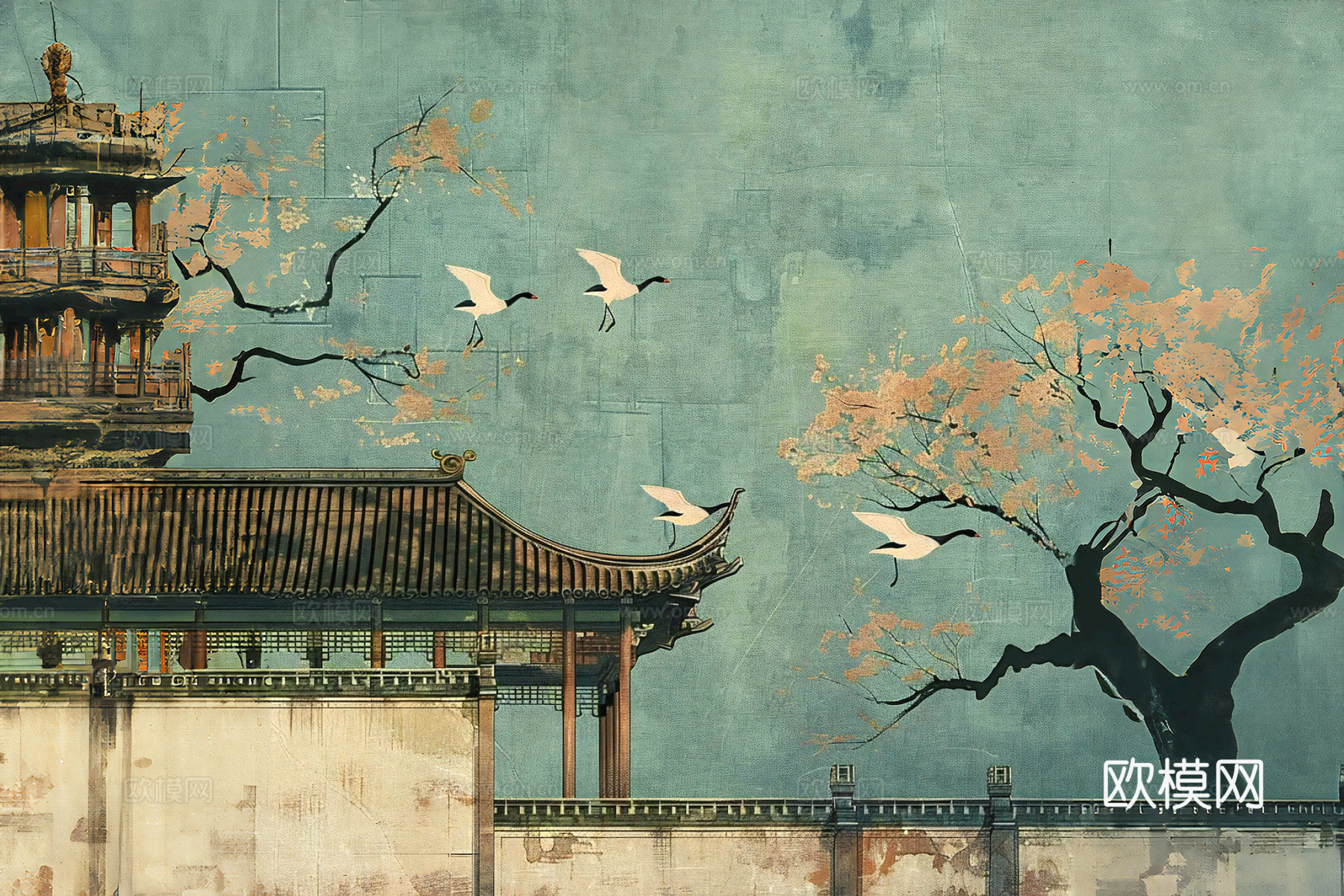 新中式壁纸壁画壁布墙纸墙布云海山水字画花鸟仙鹤荷花花鸟建筑背下载