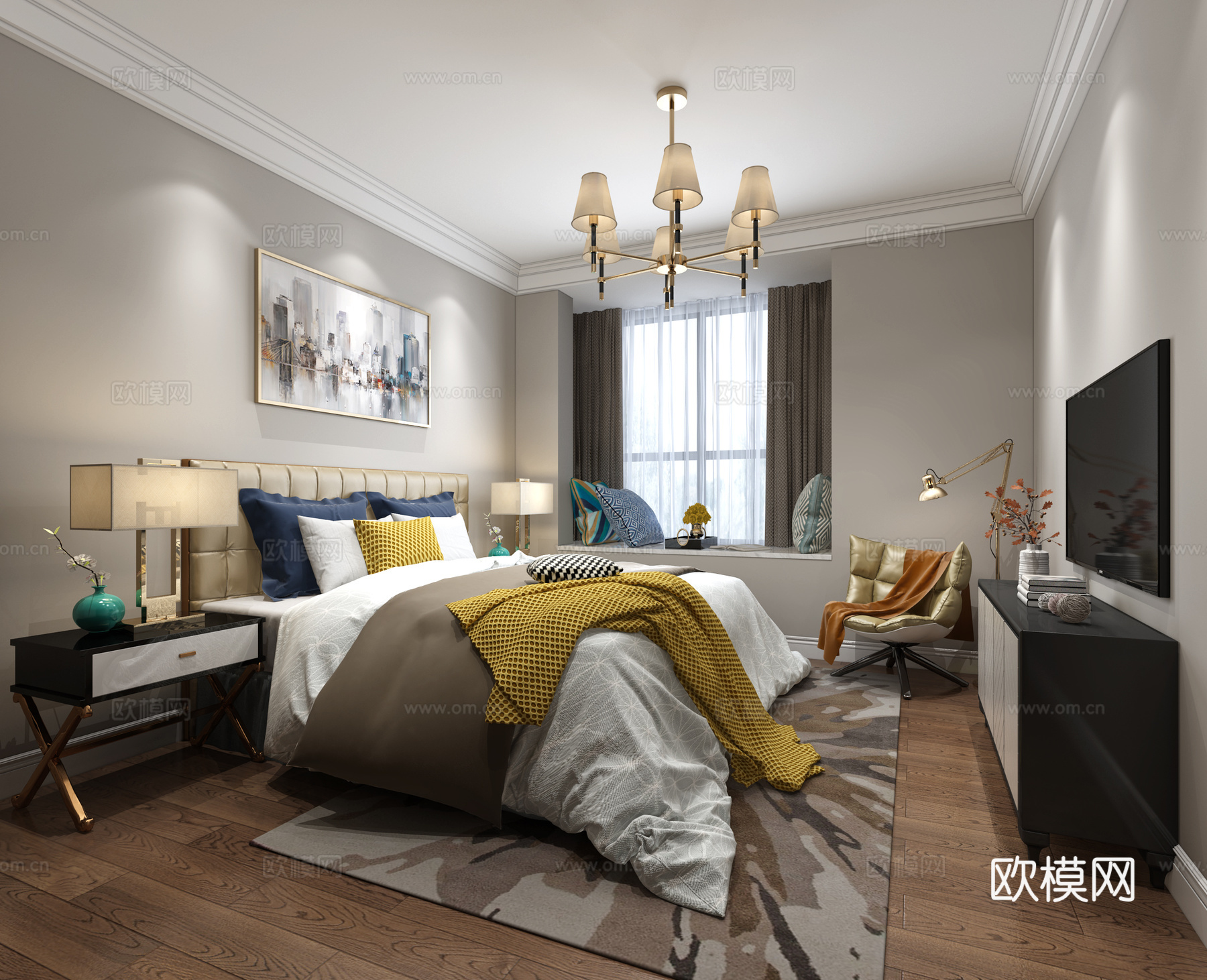 现代卧室 吊灯 双人床 装饰柜 单人沙发 台灯 挂画3d模型下载（渲染图2）