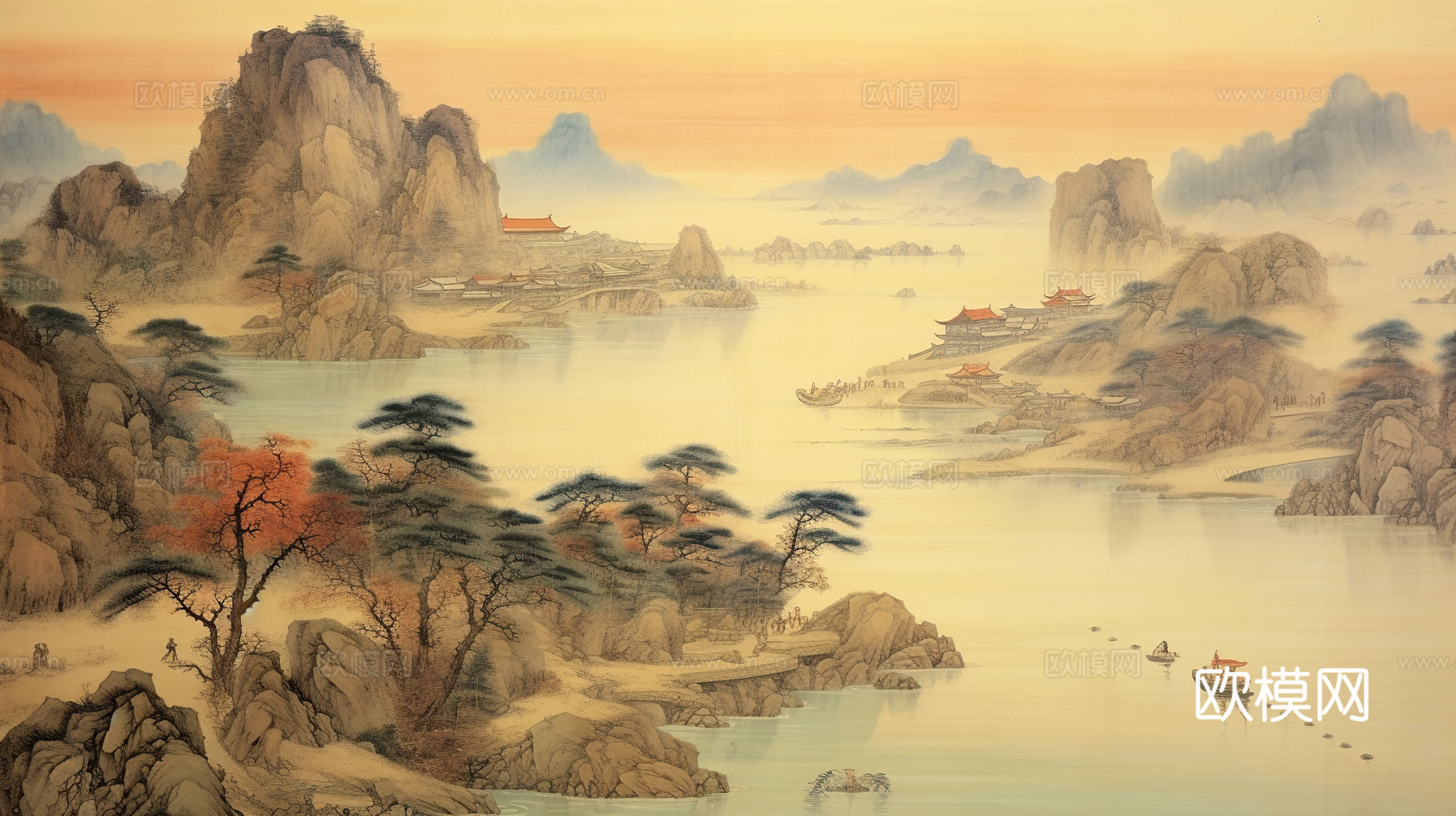 新中式壁纸壁画壁布墙纸墙布云海山水字画花鸟仙鹤荷花花鸟建筑背下载