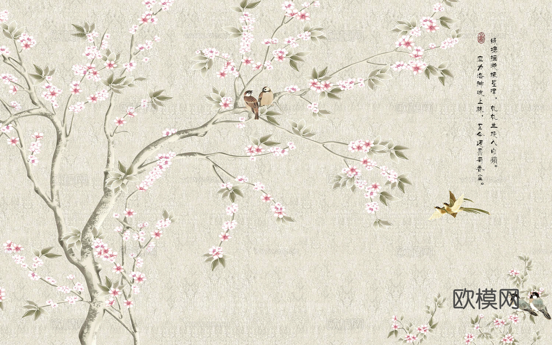 新中式壁纸壁画壁布墙纸墙布云海山水字画花鸟仙鹤荷花花鸟建筑背下载