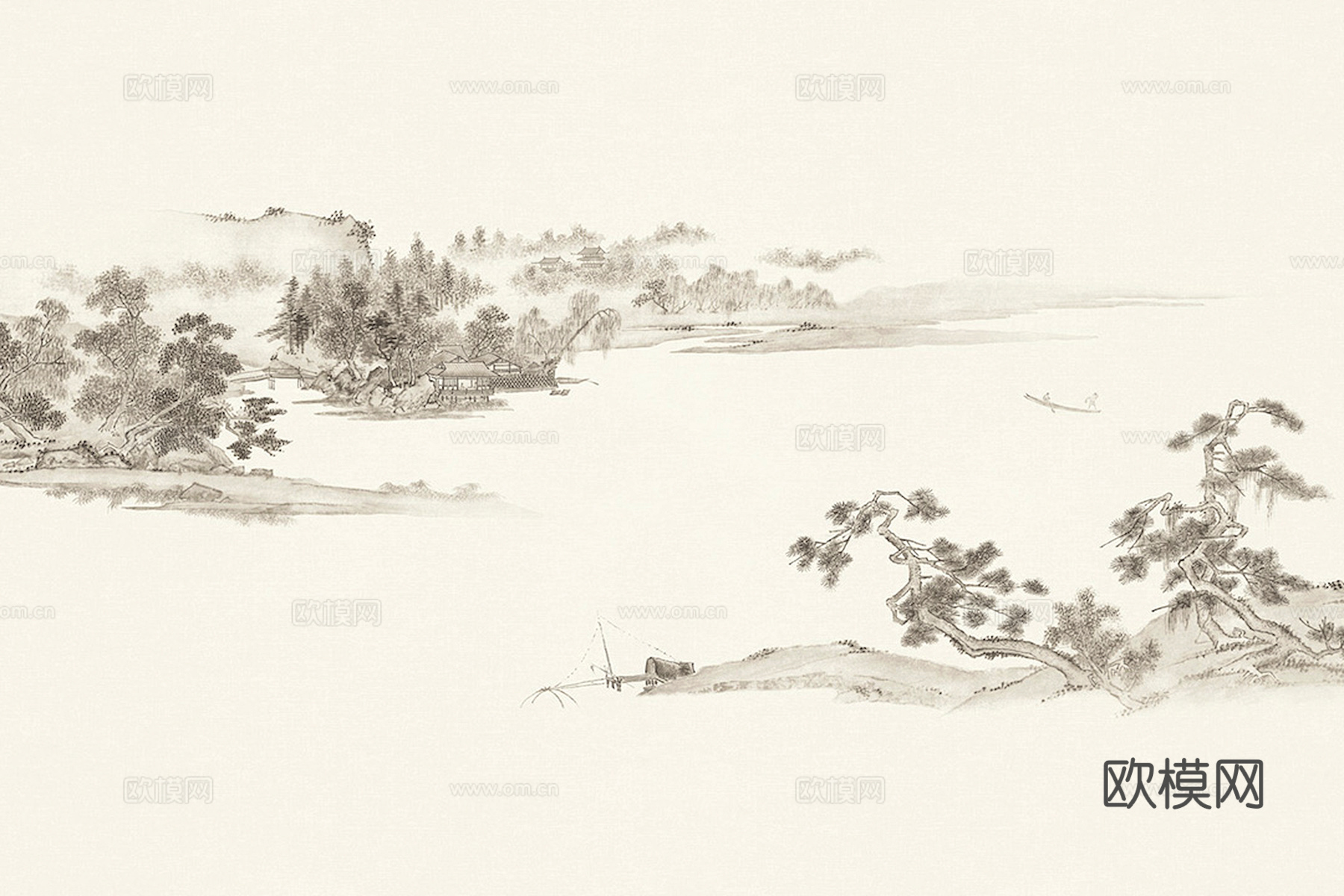 新中式壁纸壁画壁布墙纸墙布云海山水字画花鸟仙鹤荷花花鸟建筑背