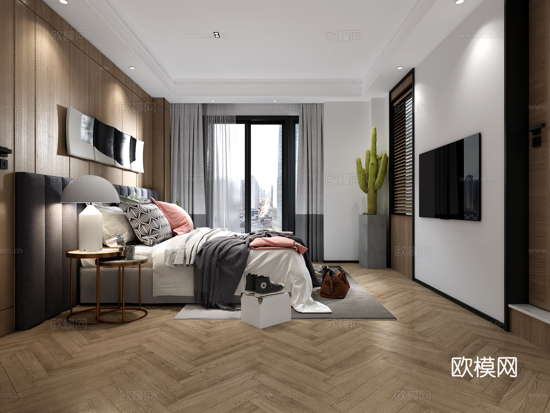 现代主卧 双人床 台灯 挂画3d模型下载（渲染图2）