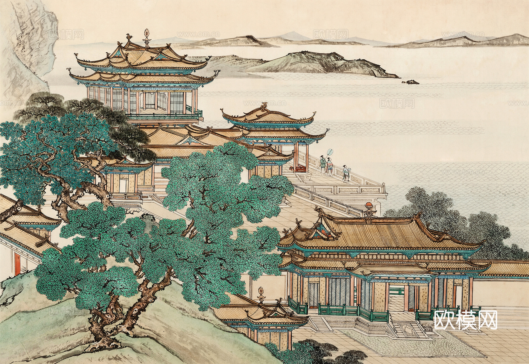 新中式壁纸壁画壁布墙纸墙布云海山水字画花鸟仙鹤荷花花鸟建筑背下载