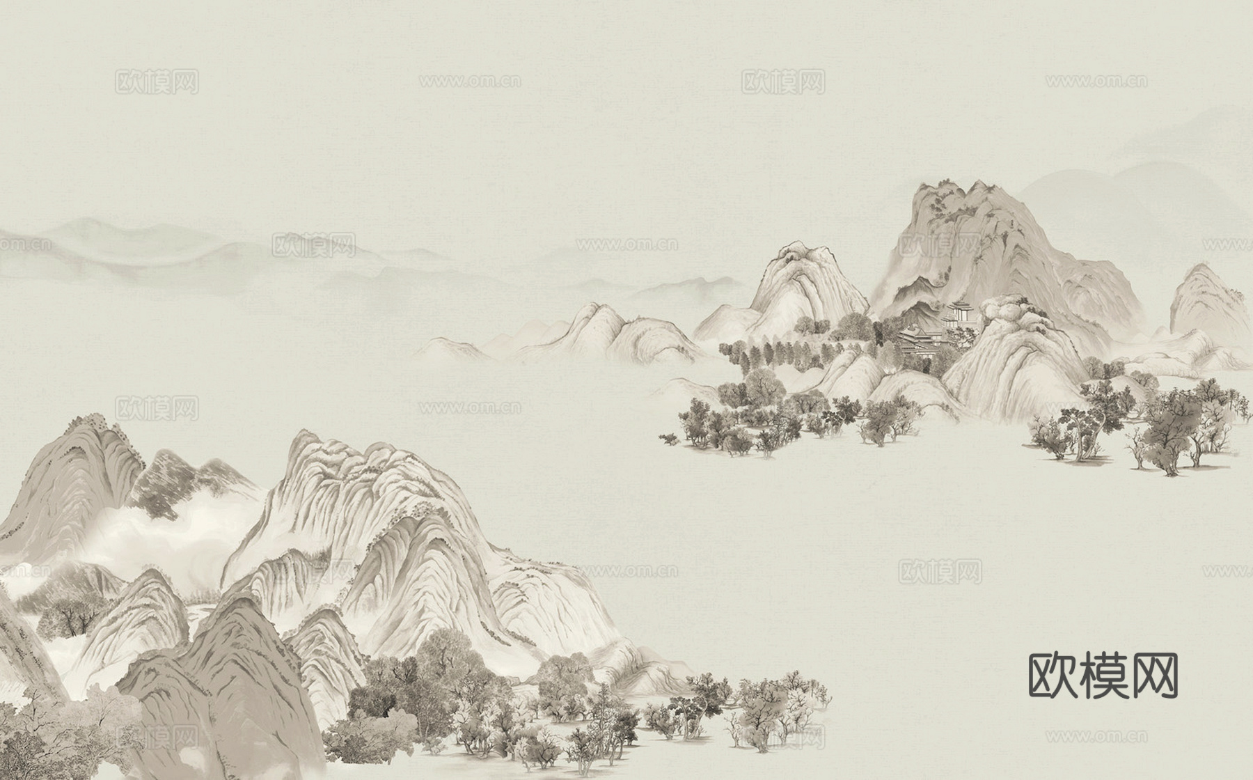 新中式壁纸壁画壁布墙纸墙布云海山水字画花鸟仙鹤荷花花鸟建筑背