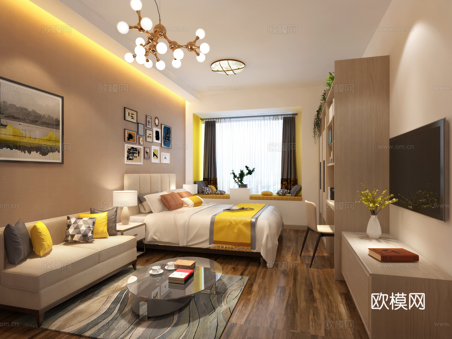 现代卧室 吊灯 沙发 床 电视柜 装饰品 椅子 植物 茶3d模型下载（渲染图1）