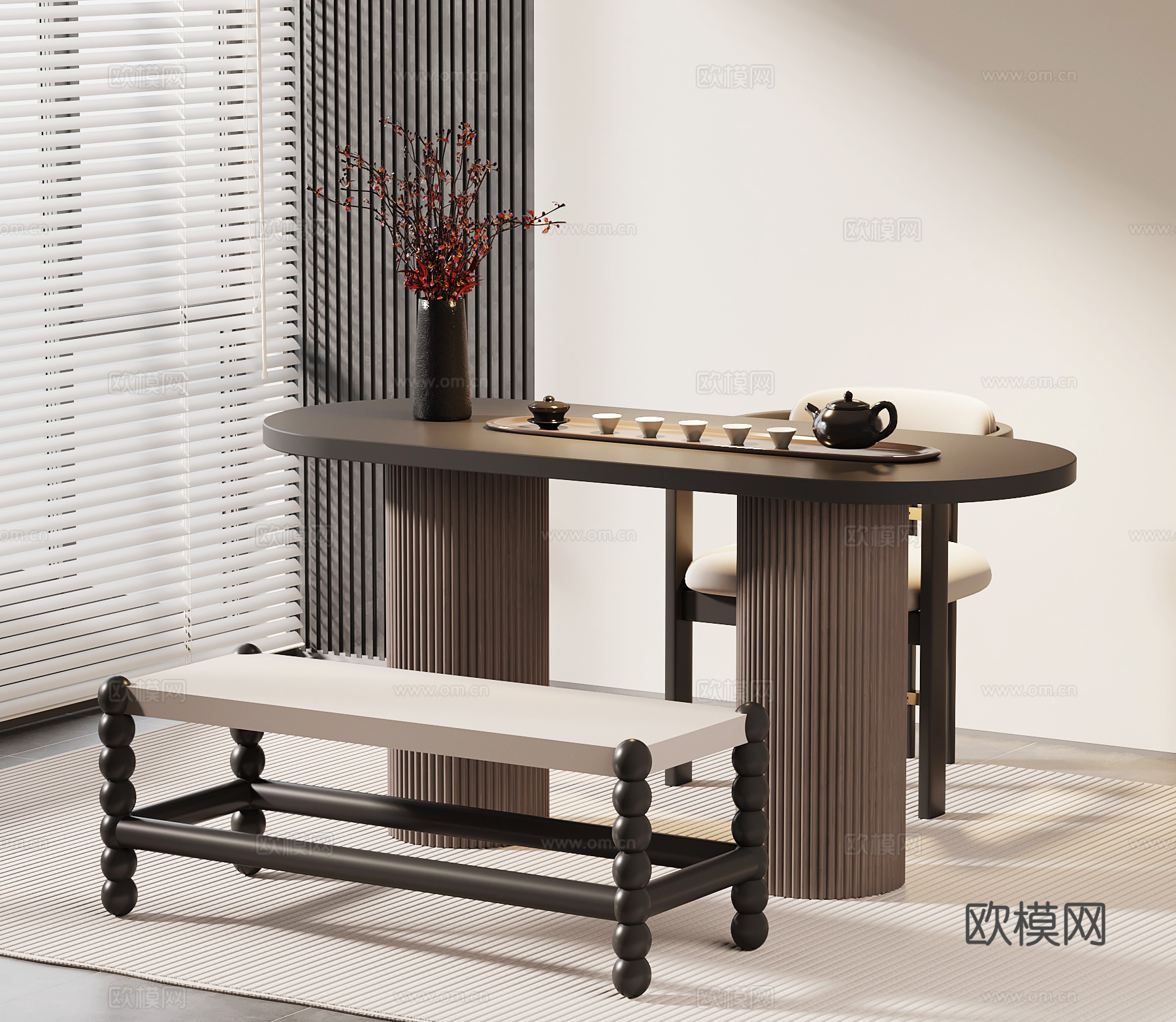 现代意式茶桌椅 小茶台su模型