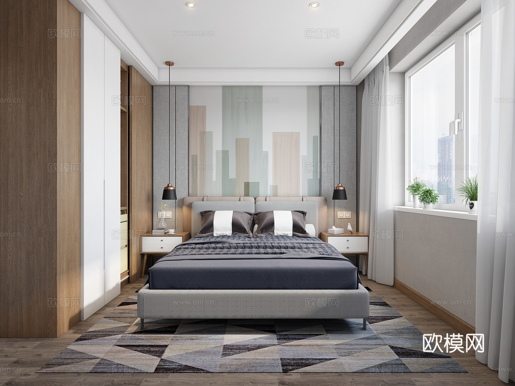 北欧主卧 床 衣柜 吊灯 窗帘 植物 地毯 床头柜3d模型