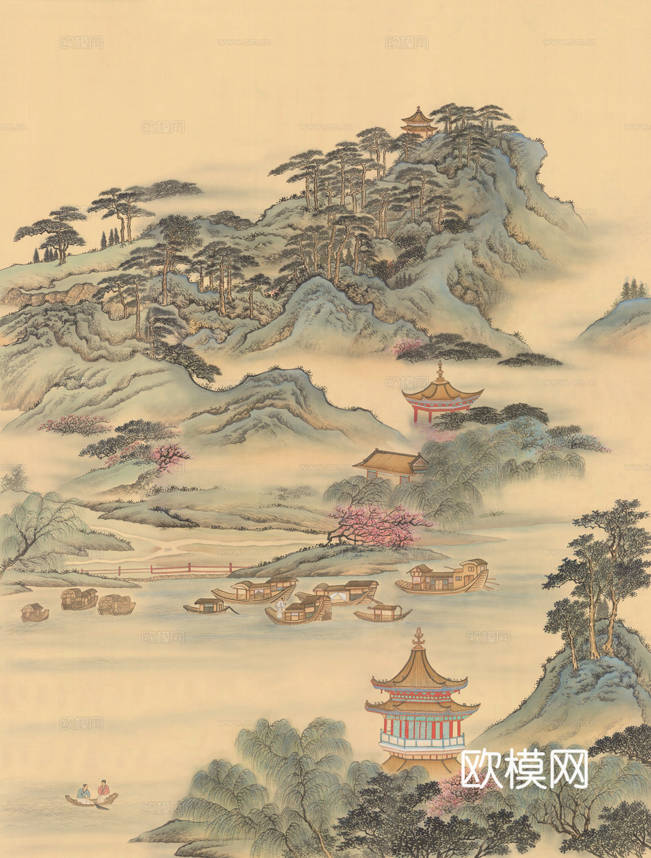 新中式壁纸壁画壁布墙纸墙布云海山水字画花鸟仙鹤荷花花鸟建筑背下载