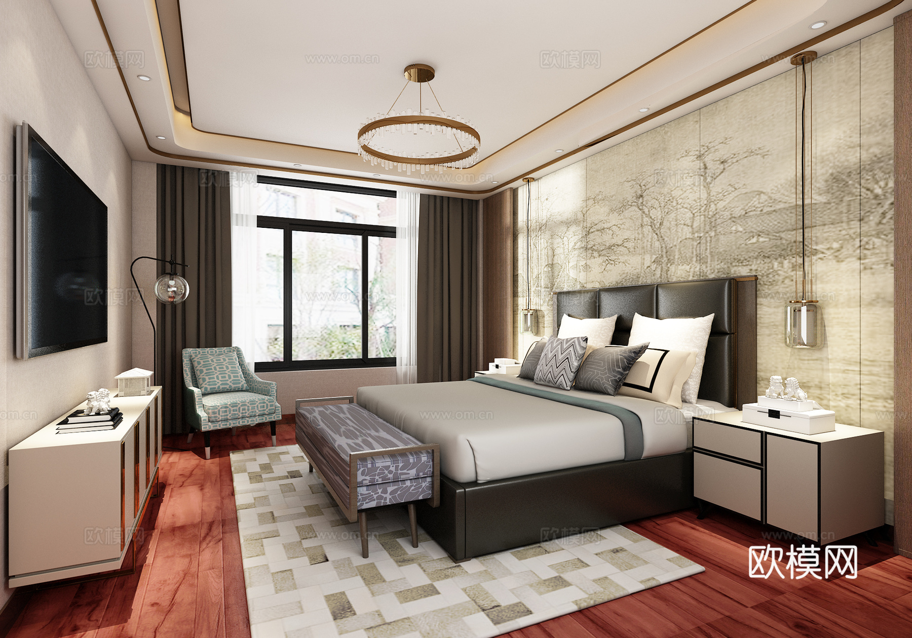 新中式卧室 吊灯 双人床 床尾凳 装饰柜 单人沙发3d模型下载（渲染图2）