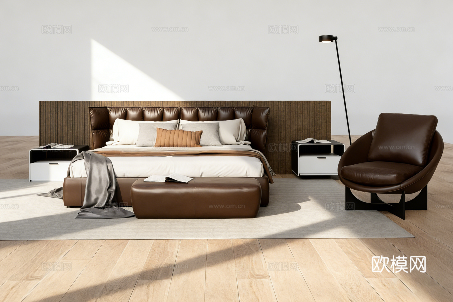 现代简约卧室 褶皱床头皮质床 配套皮椅皮凳 皮质单人椅su模型