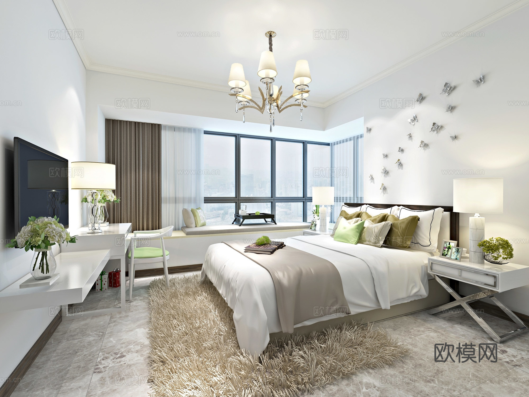 现代主卧室 吊灯 双人床 台灯 书桌椅 飘窗3d模型