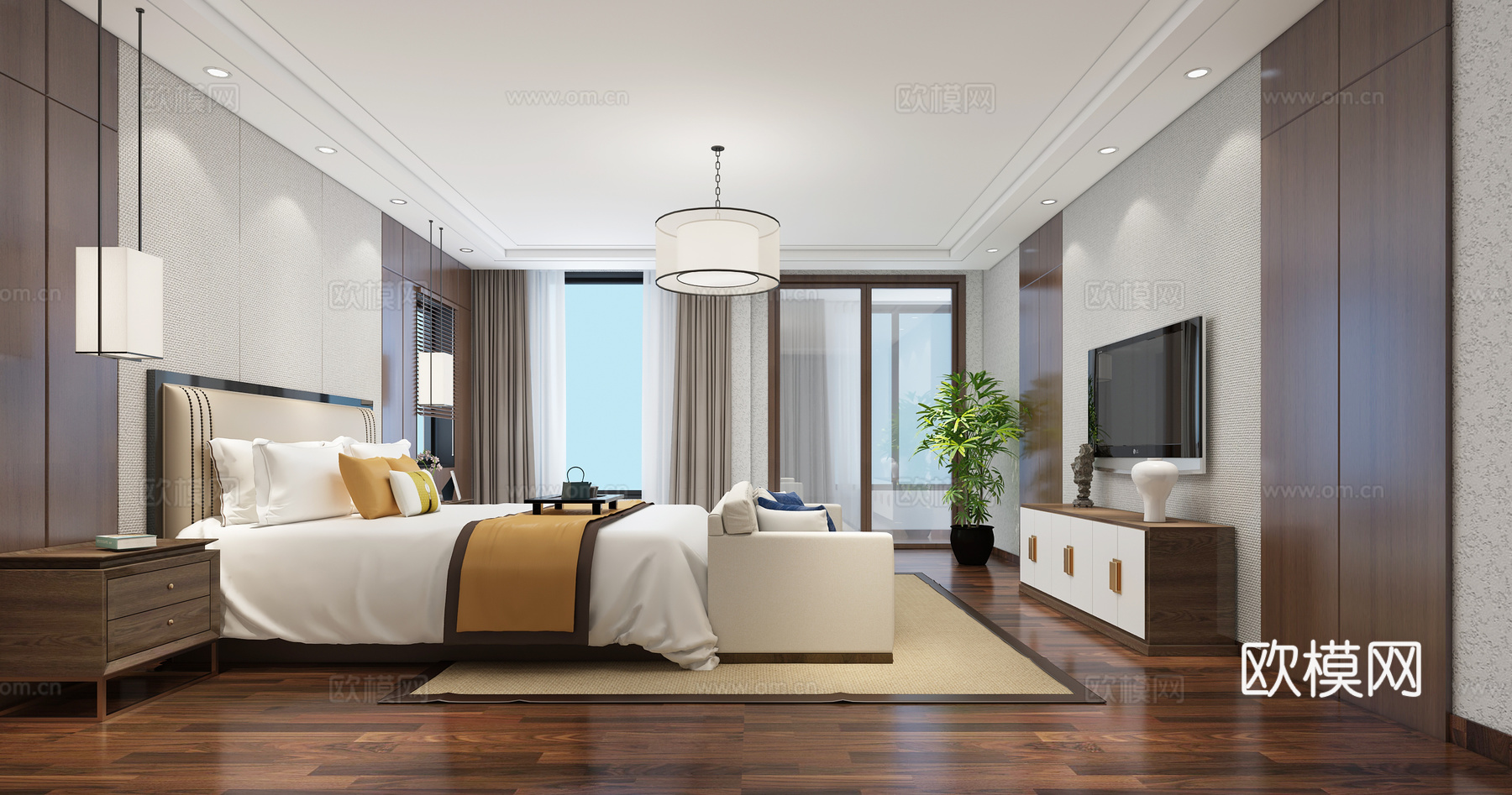 新中式极简主卧室 吊灯 双人床 壁灯 装饰柜 植物3d模型下载（渲染图1）