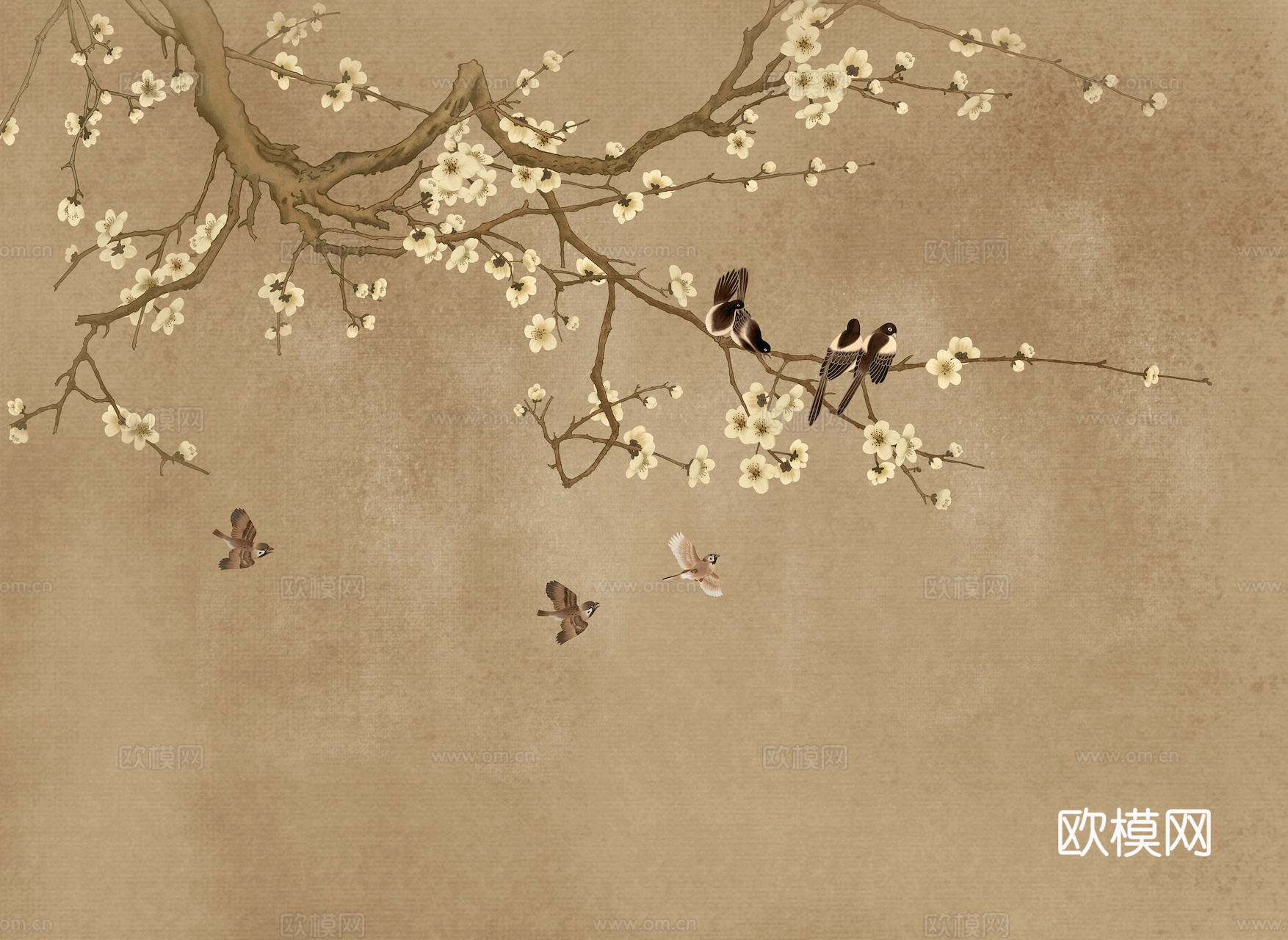 新中式壁纸壁画壁布墙纸墙布云海山水字画花鸟仙鹤荷花花鸟建筑背