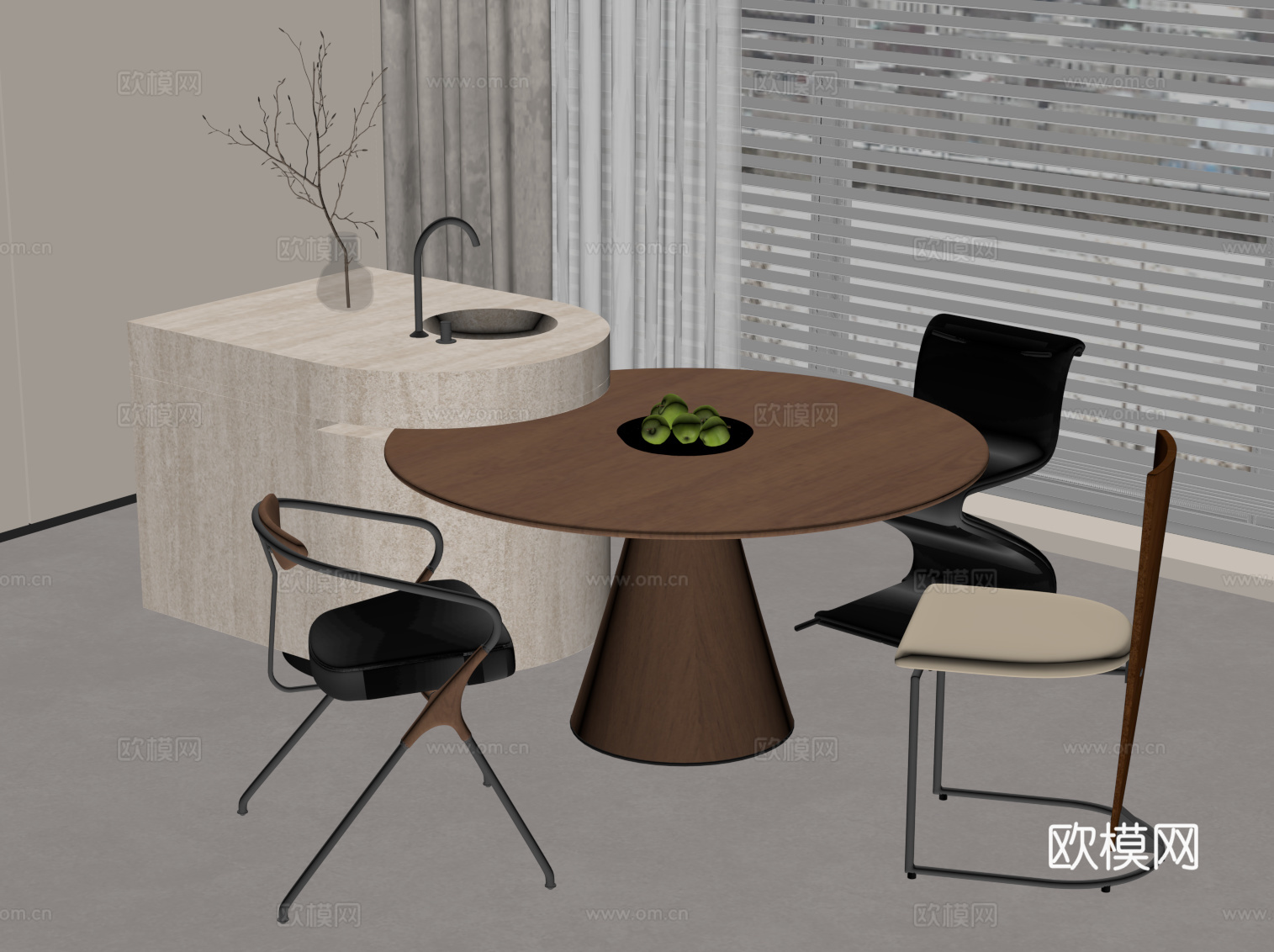 中古风餐桌椅 岛台餐桌椅su模型