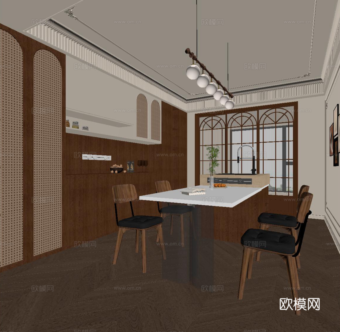 中古风餐厅 餐桌椅 岛台 酒柜su模型