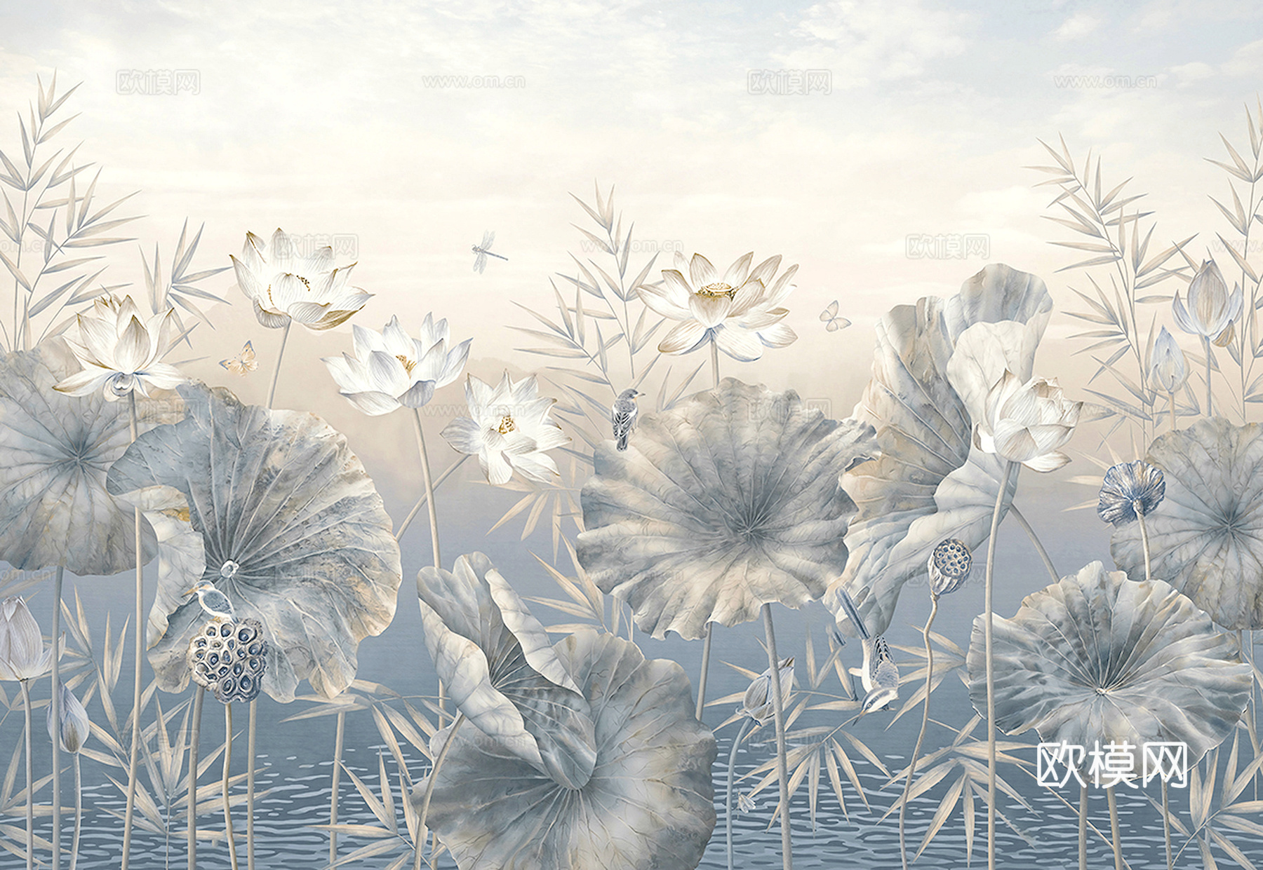 新中式壁纸壁画壁布墙纸墙布云海山水字画花鸟仙鹤荷花花鸟建筑背下载