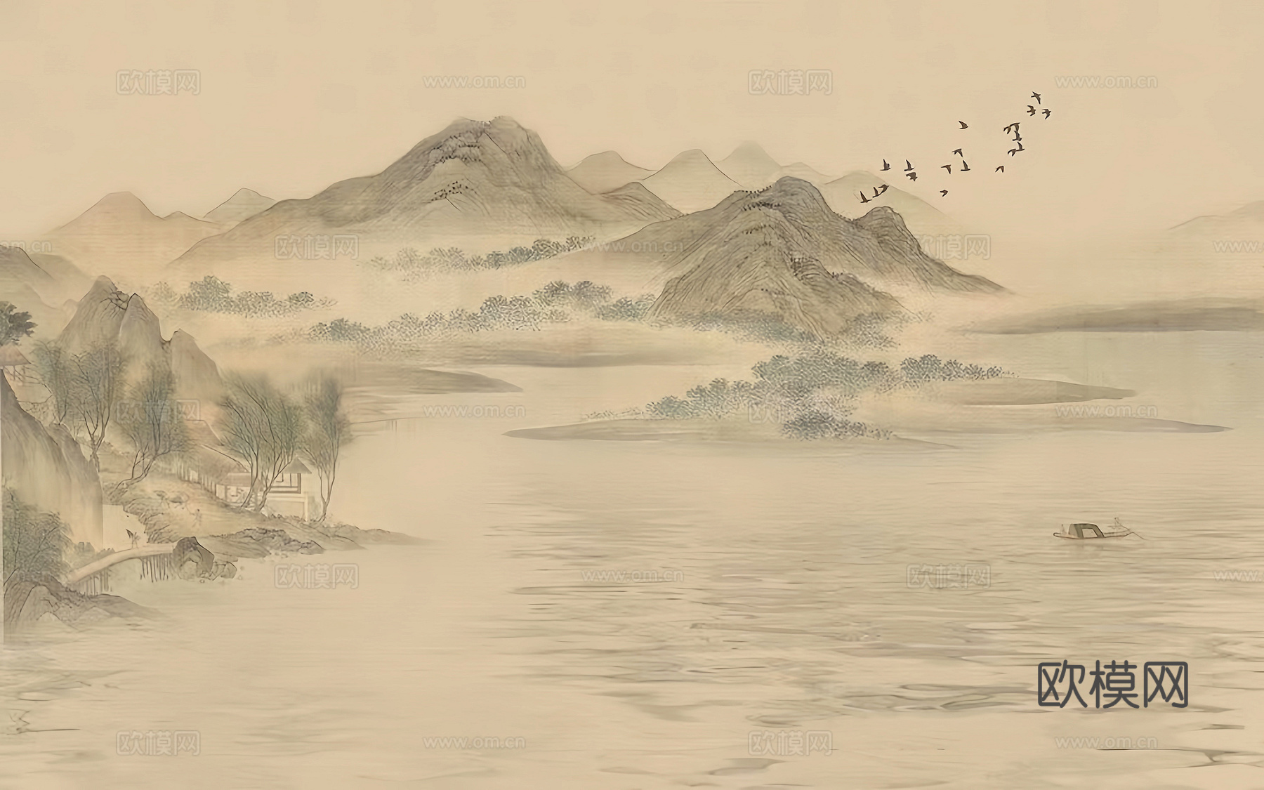 新中式壁纸壁画壁布墙纸墙布云海山水字画花鸟仙鹤荷花花鸟建筑背