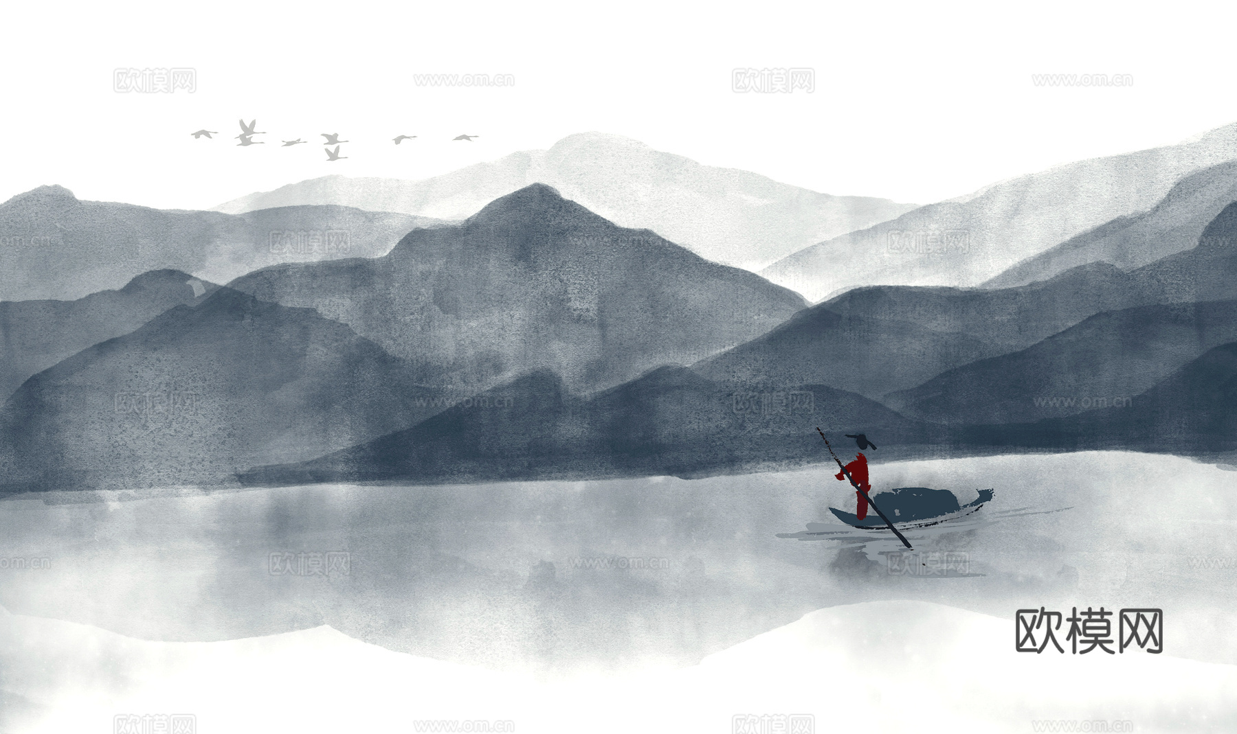 新中式壁纸壁画壁布墙纸墙布云海山水字画花鸟仙鹤荷花花鸟建筑背