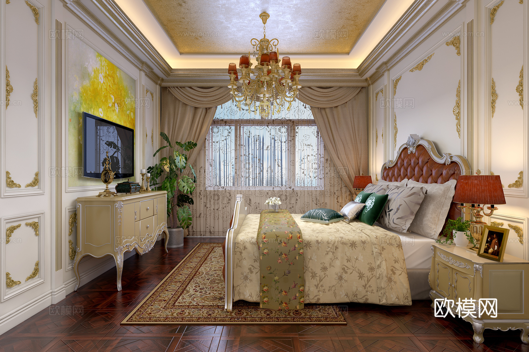 法式主卧室 电视柜 吊灯 双人床 床边柜 窗帘3d模型下载（渲染图1）