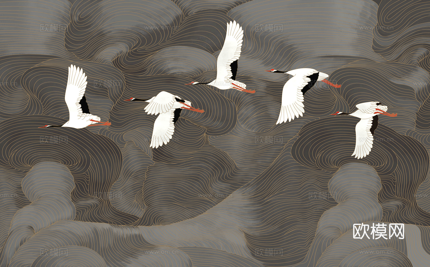 新中式壁纸壁画壁布墙纸墙布云海山水字画花鸟仙鹤荷花花鸟建筑背下载