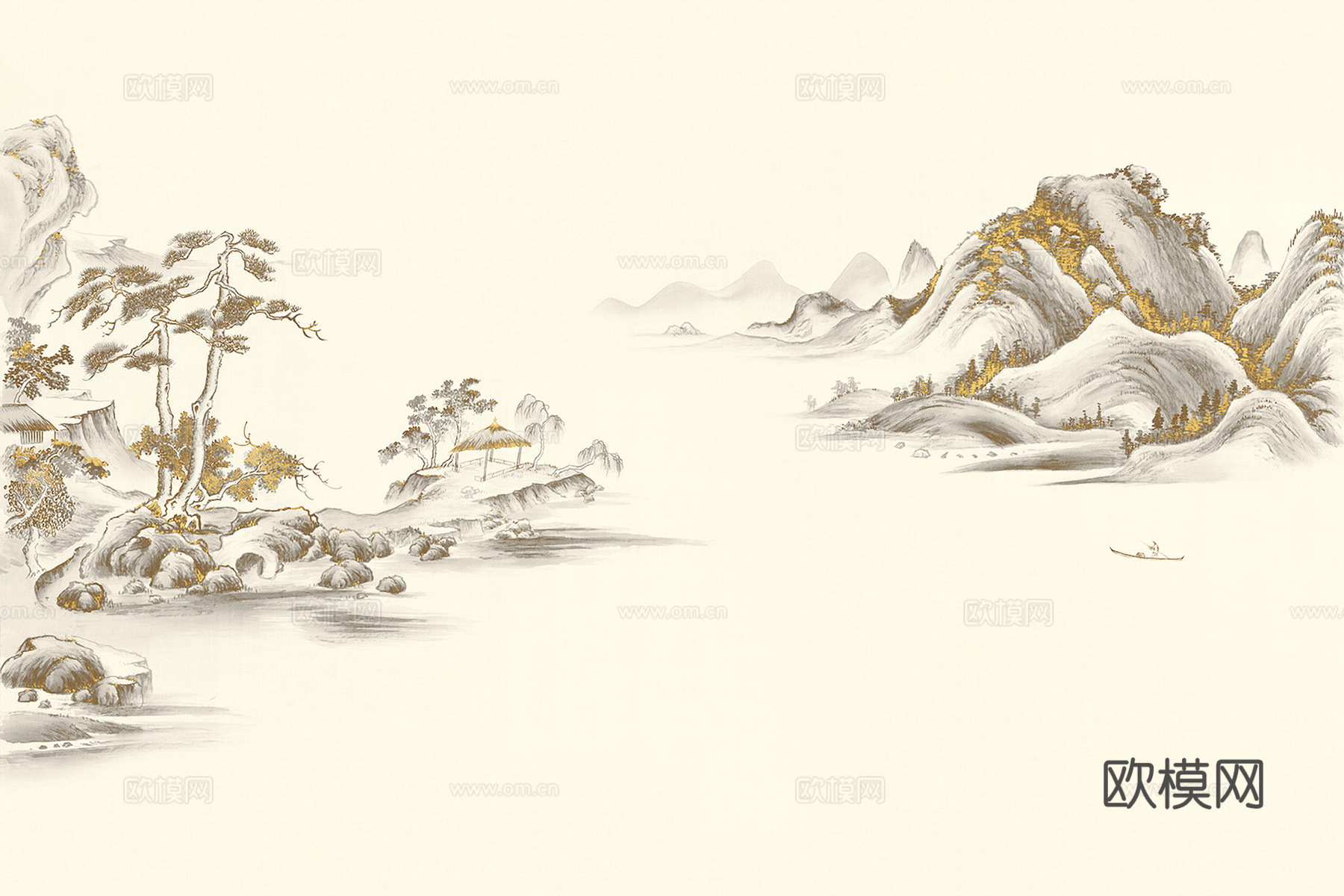 新中式壁纸壁画壁布墙纸墙布云海山水字画花鸟仙鹤荷花花鸟建筑背