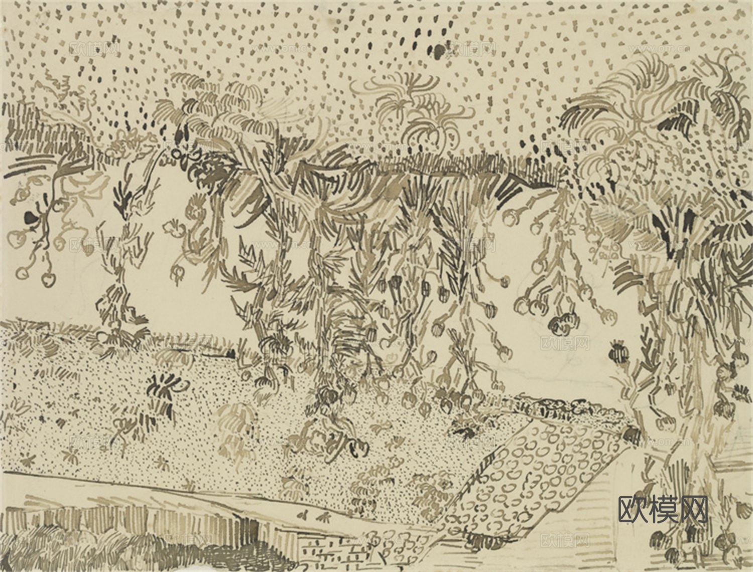 梵高后印象派素描绘画作品，现代世界经典名画596 梵高 Th