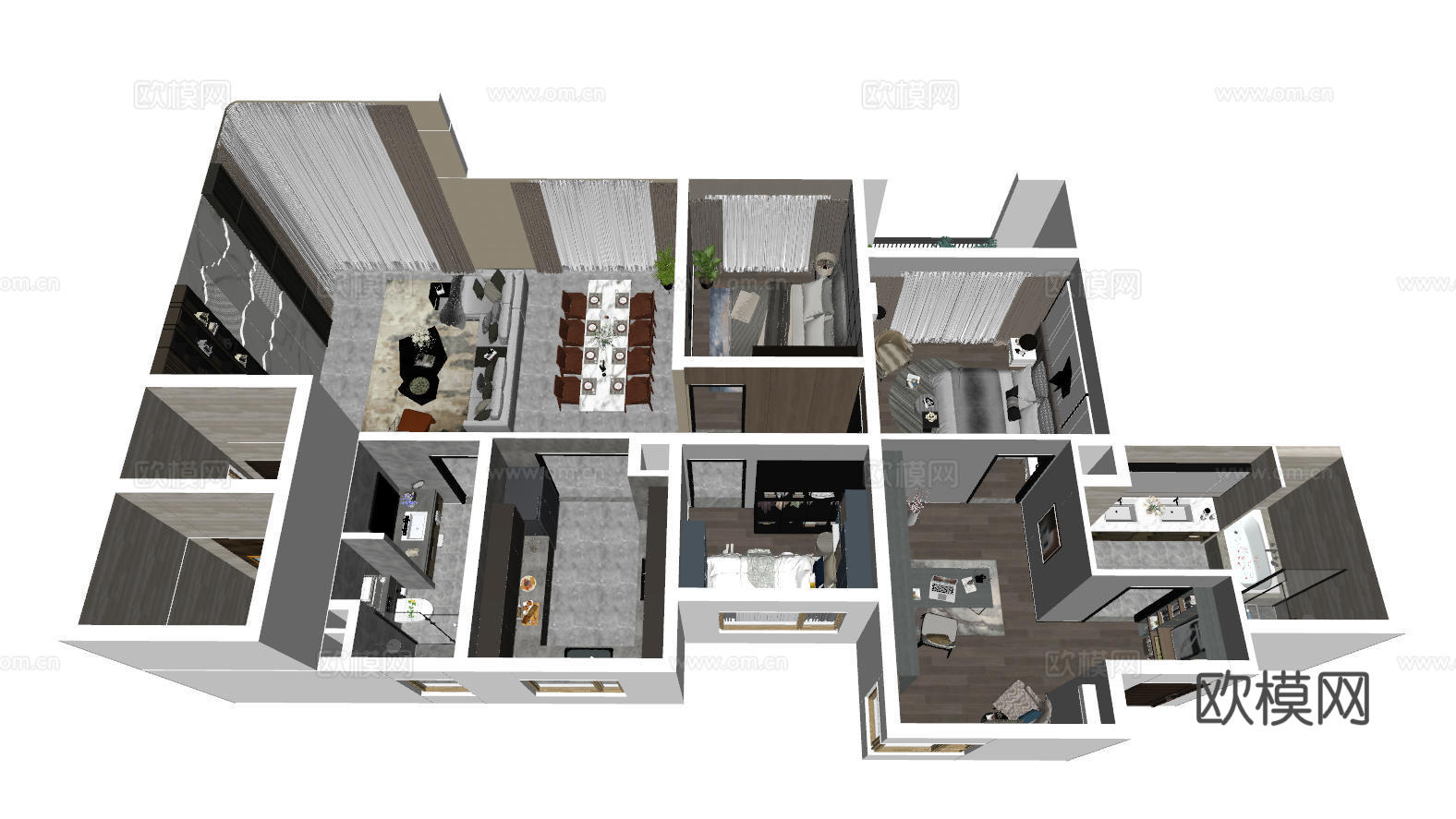 现代家装样板间鸟瞰  客餐厅 装饰摆件 立体户型 厨房su模型