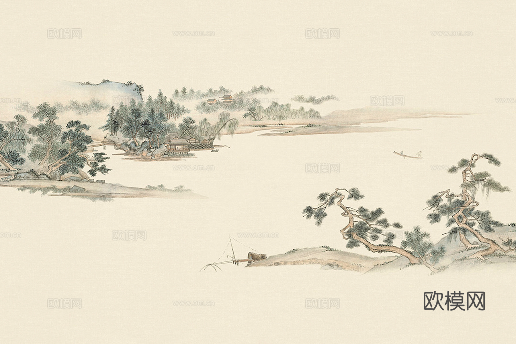 新中式壁纸壁画壁布墙纸墙布云海山水字画花鸟仙鹤荷花花鸟建筑背