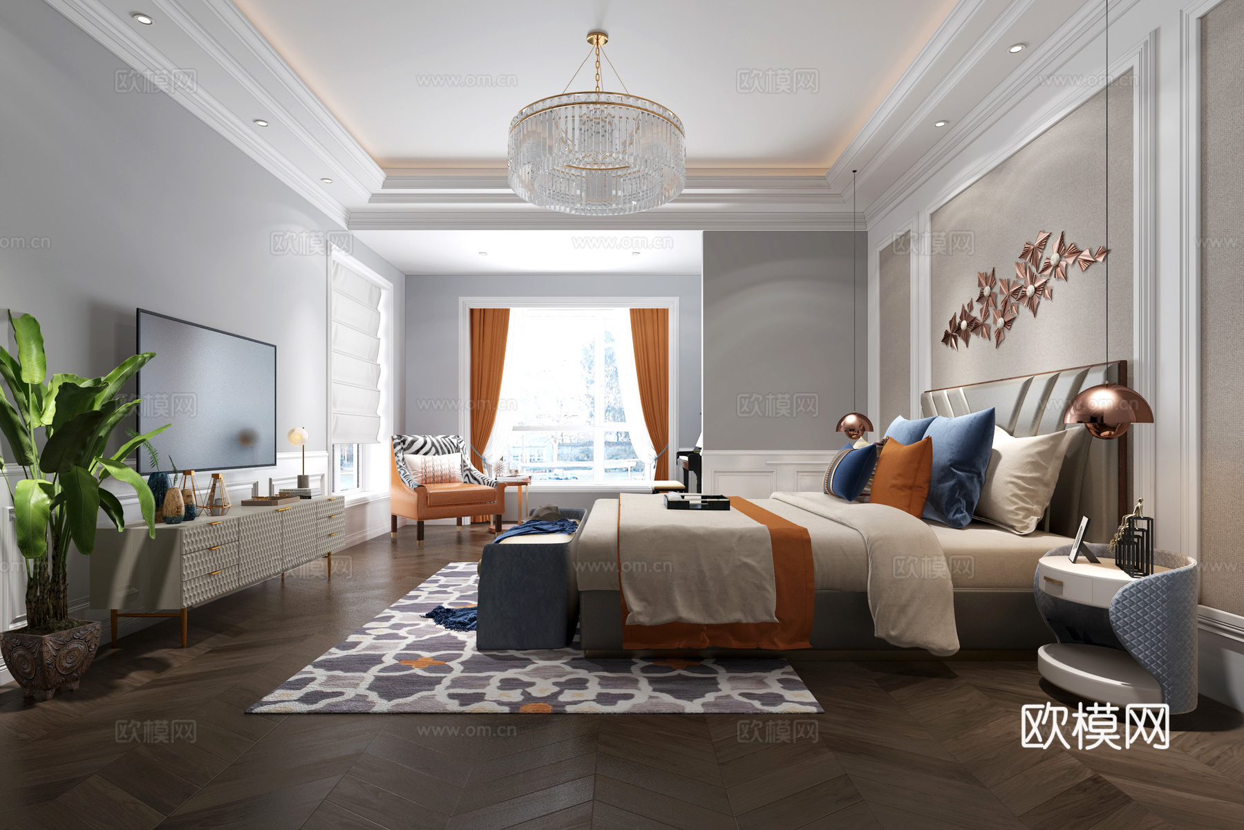 现代卧室 吊灯 双人床 床尾凳 装饰柜 置物架3d模型