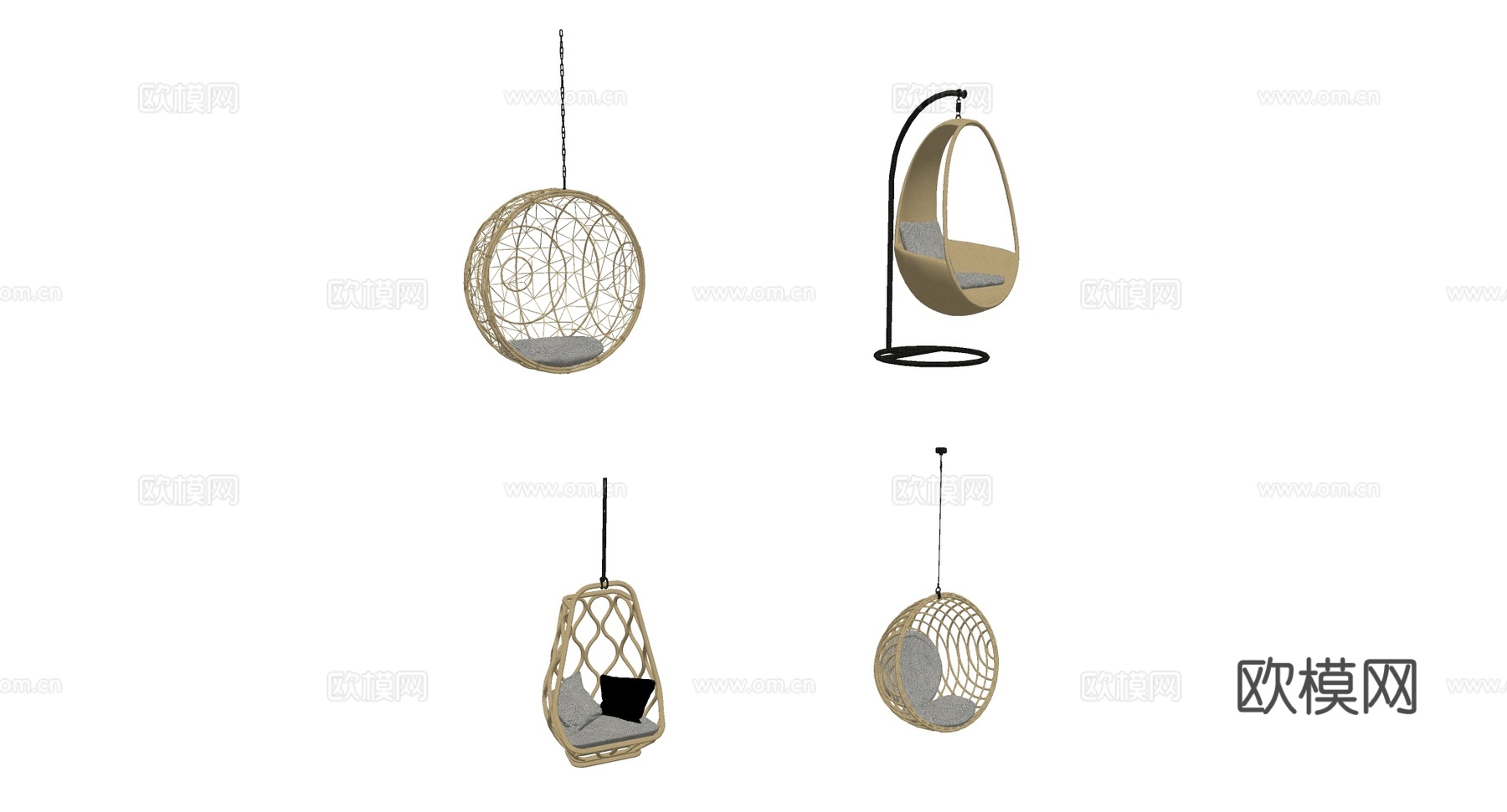 现代悬挂座椅4款 藤编吊篮 吊球椅 蛋形休闲椅 阳台民宿咖啡su模型