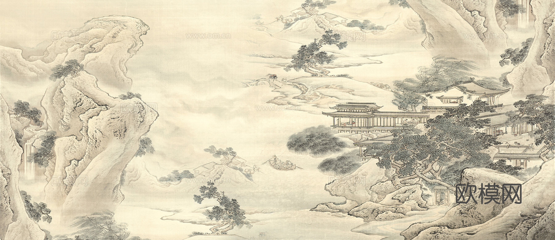 新中式壁纸壁画壁布墙纸墙布云海山水字画花鸟仙鹤荷花花鸟建筑背下载