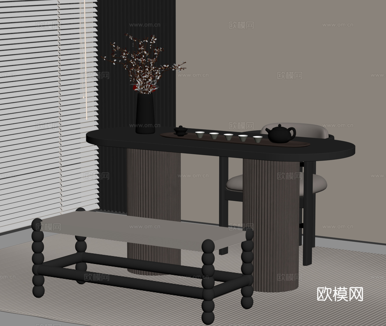 现代意式茶桌椅 小茶台su模型